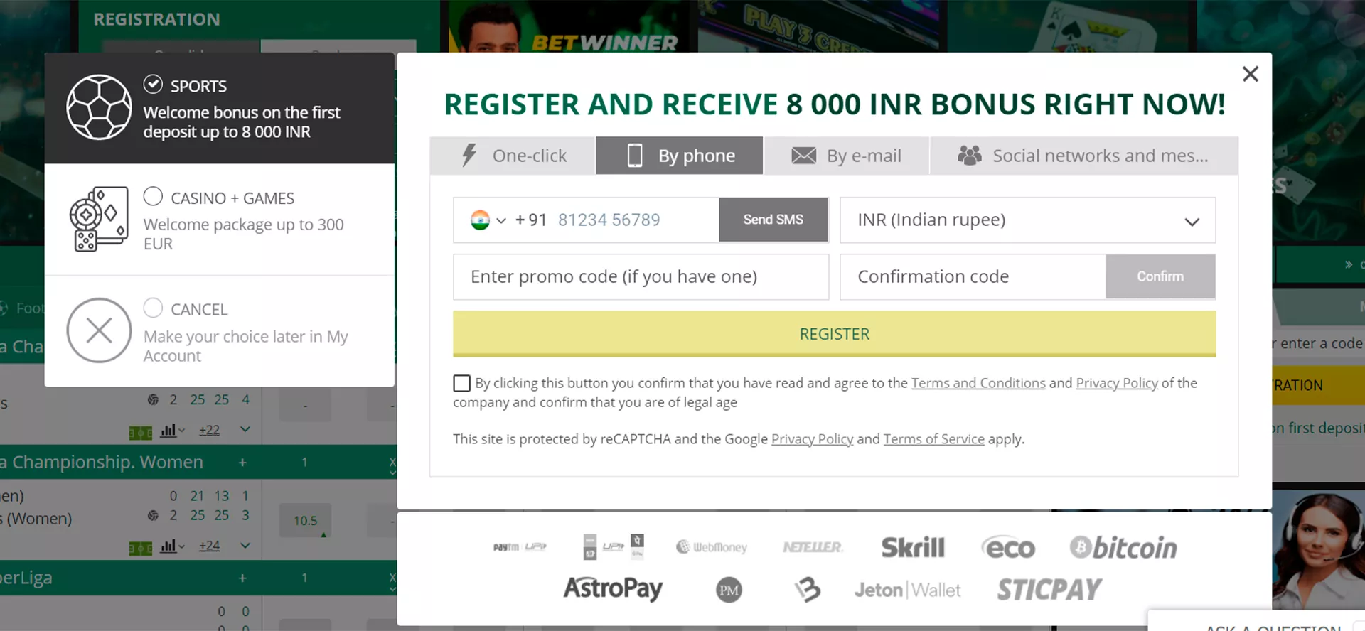 You should have an indian phone number to sign up this way at Betwinner.