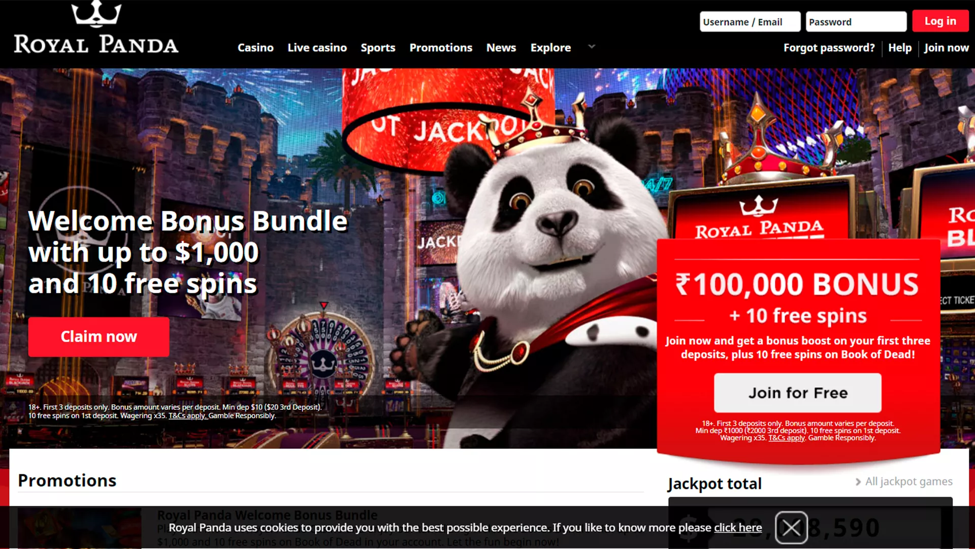 You will see a colorful home page of Royal Panda betting platform.
