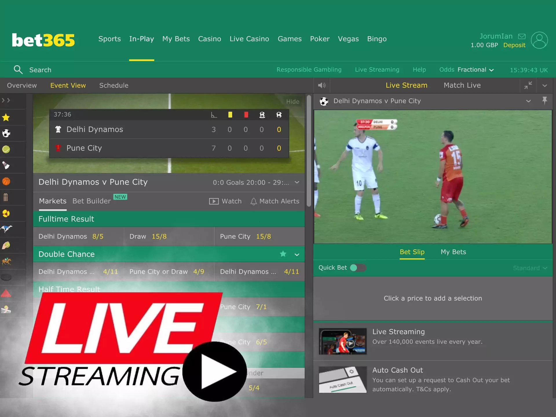 Watch sports events' streamings and place live bets.
