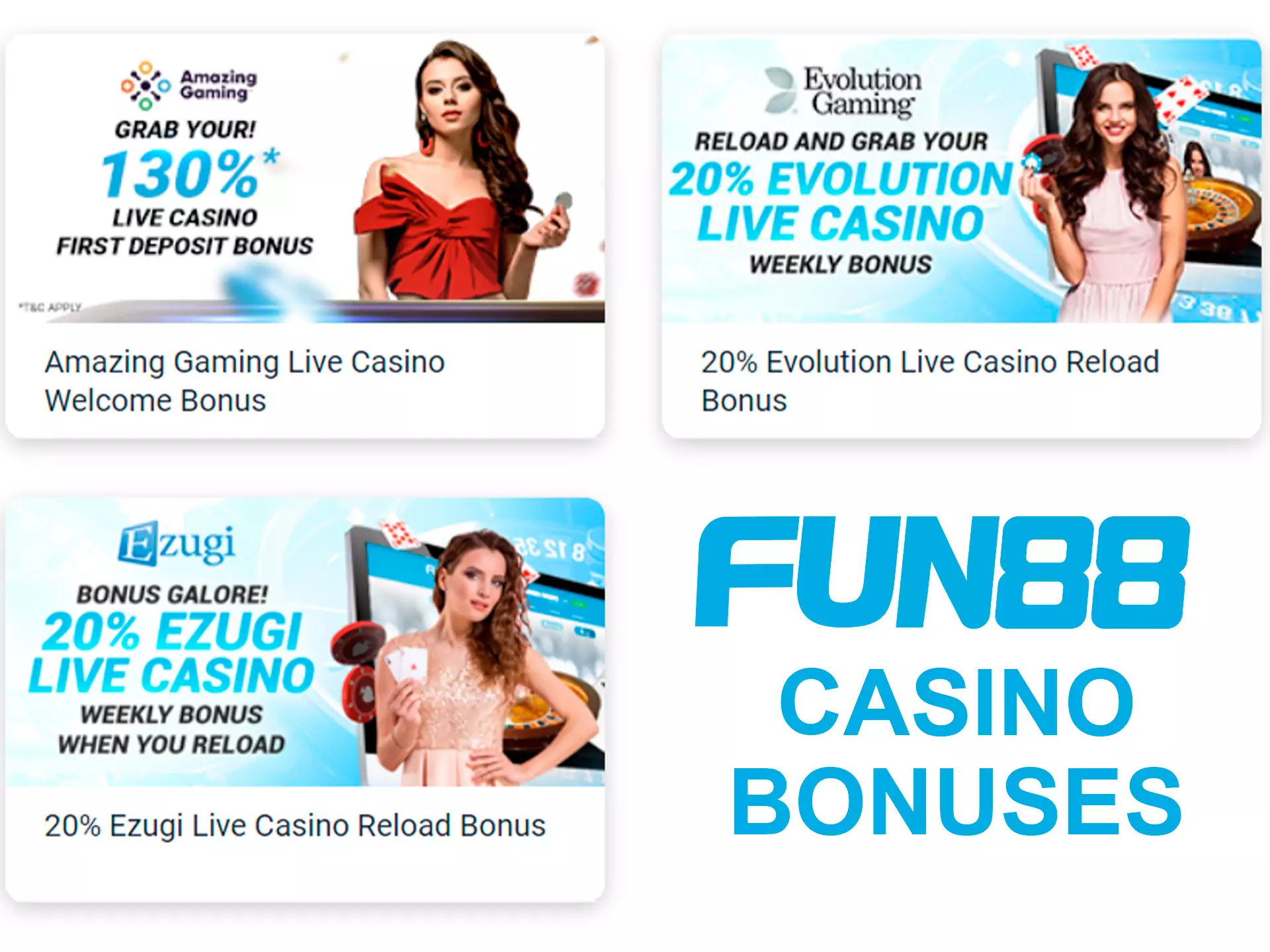 Casino players also will finf attractive bonuses and promo from Fun88.