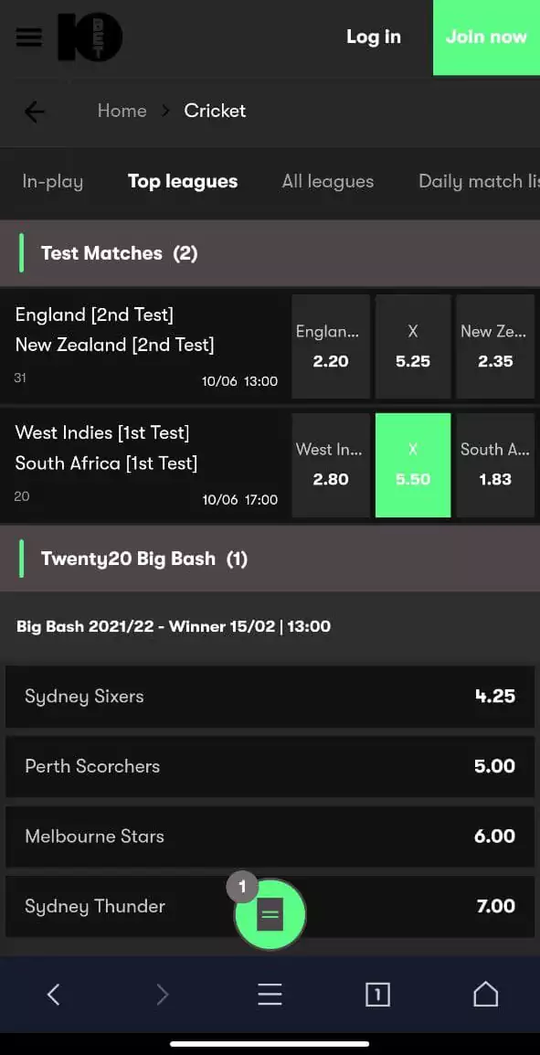 Cricket betting in the 10Bet mobile app.