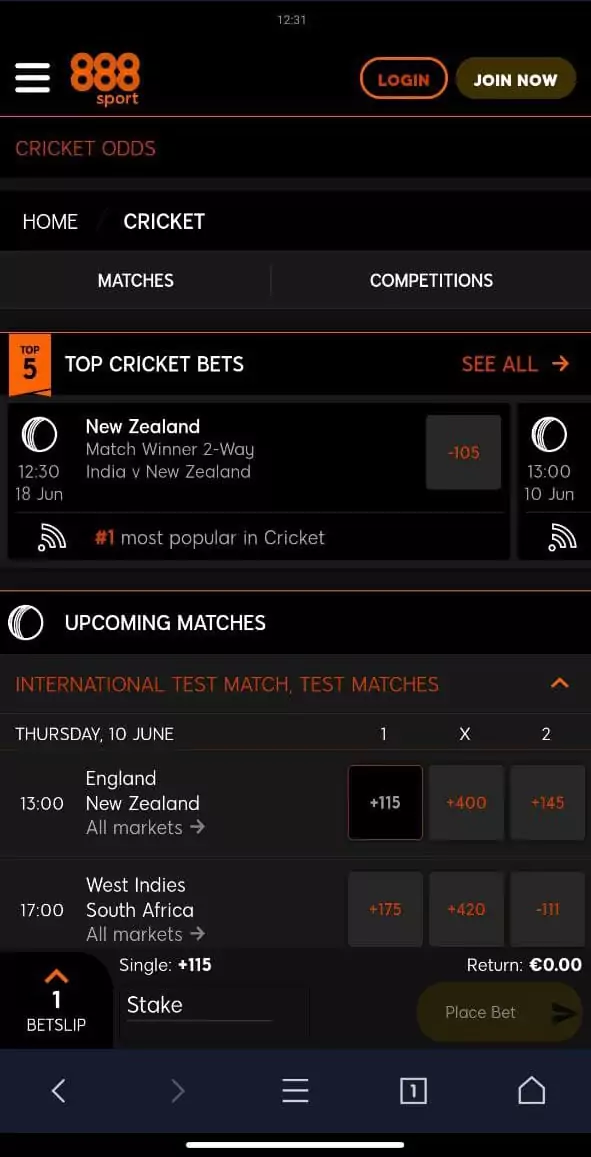 Cricket betting in the 888sport mobile app.