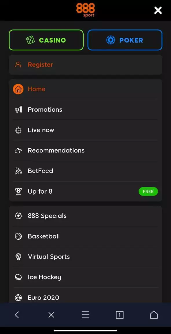 888sport mobile app menu.
