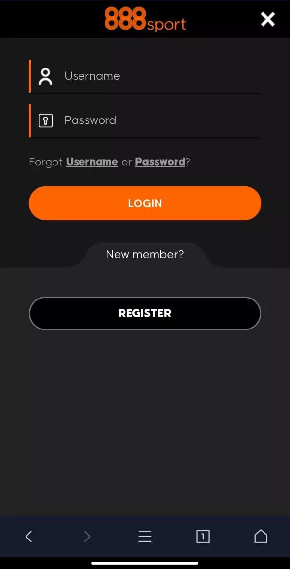 Log in page in the 888sport mobile app.