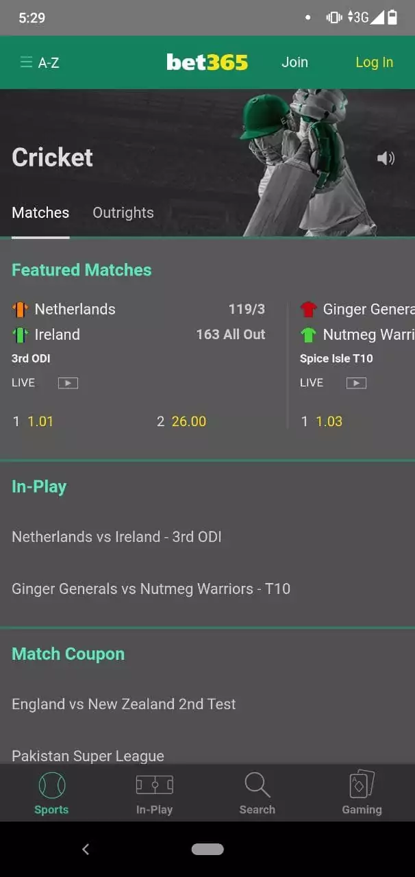Cricket Betting Section in Bet365 Mobile App.