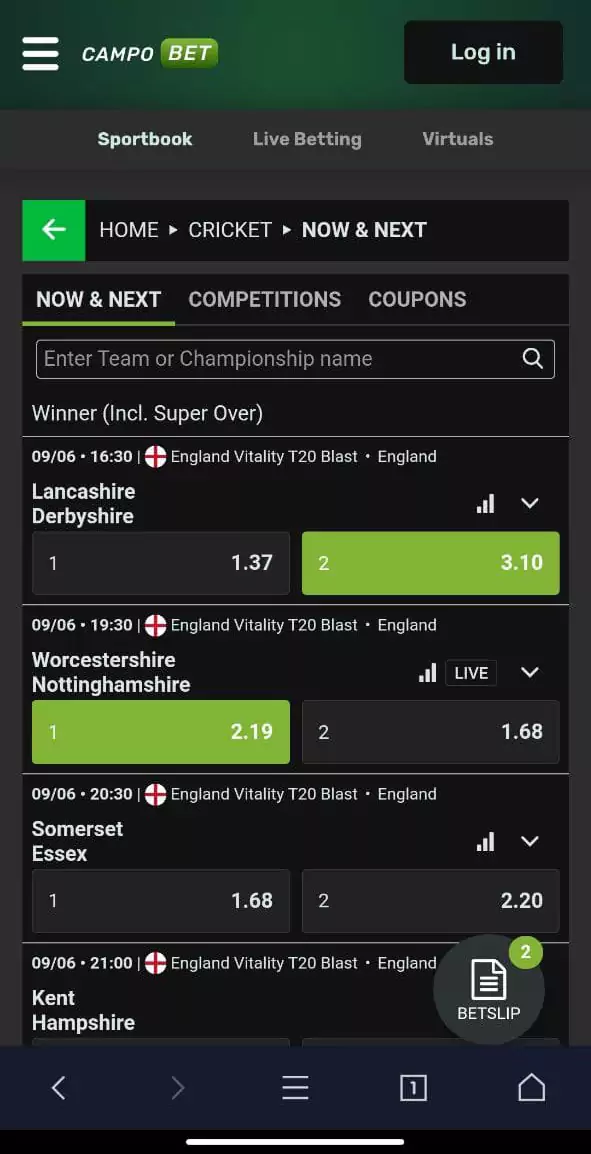 Cricket betting section in the Campobet mobile app.