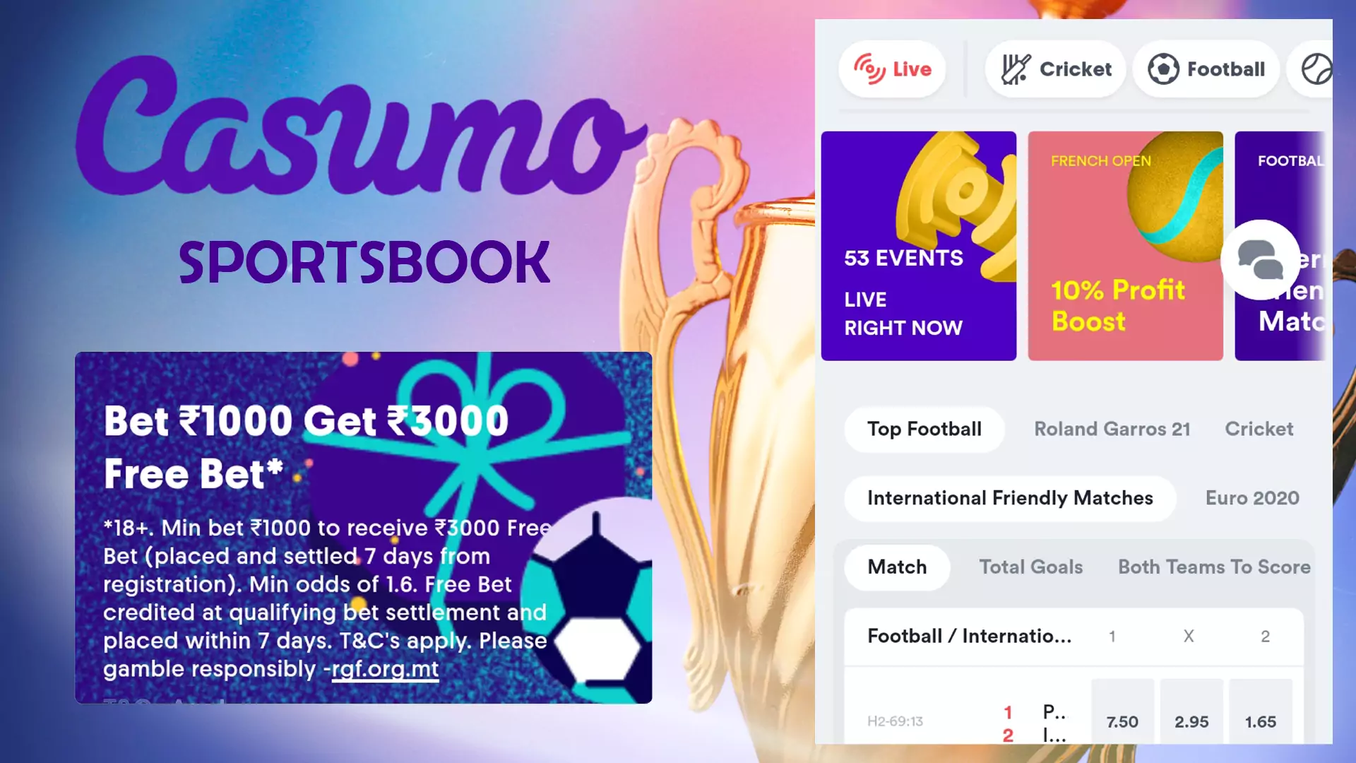 In the Casumo app, users are able to place bets on all popular kinds of sports.