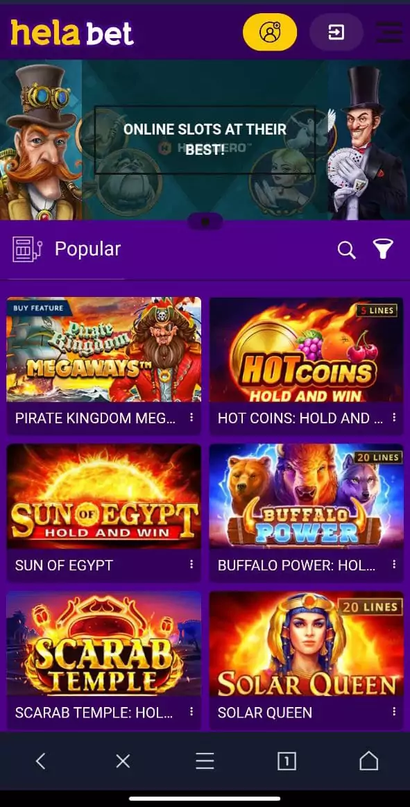 Casino games in the Helabet mobile app.