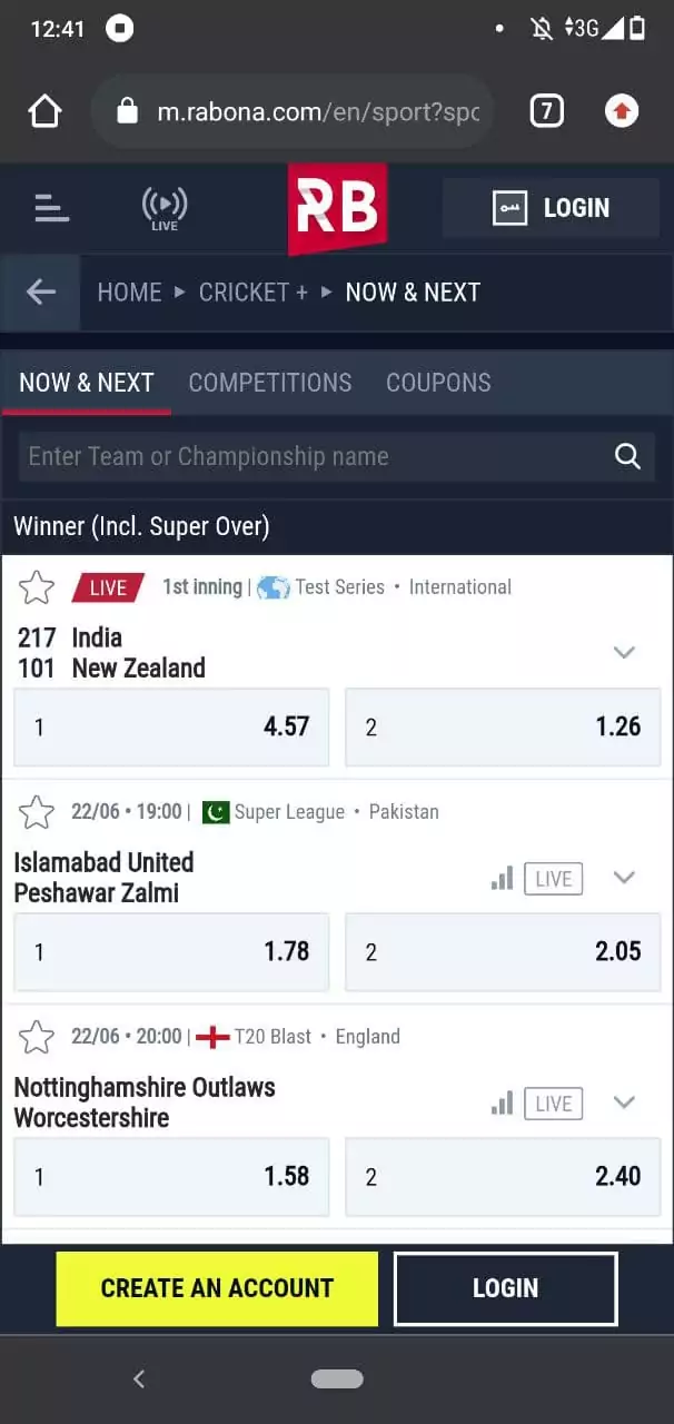 Cricket Betting Section in Rabona App.