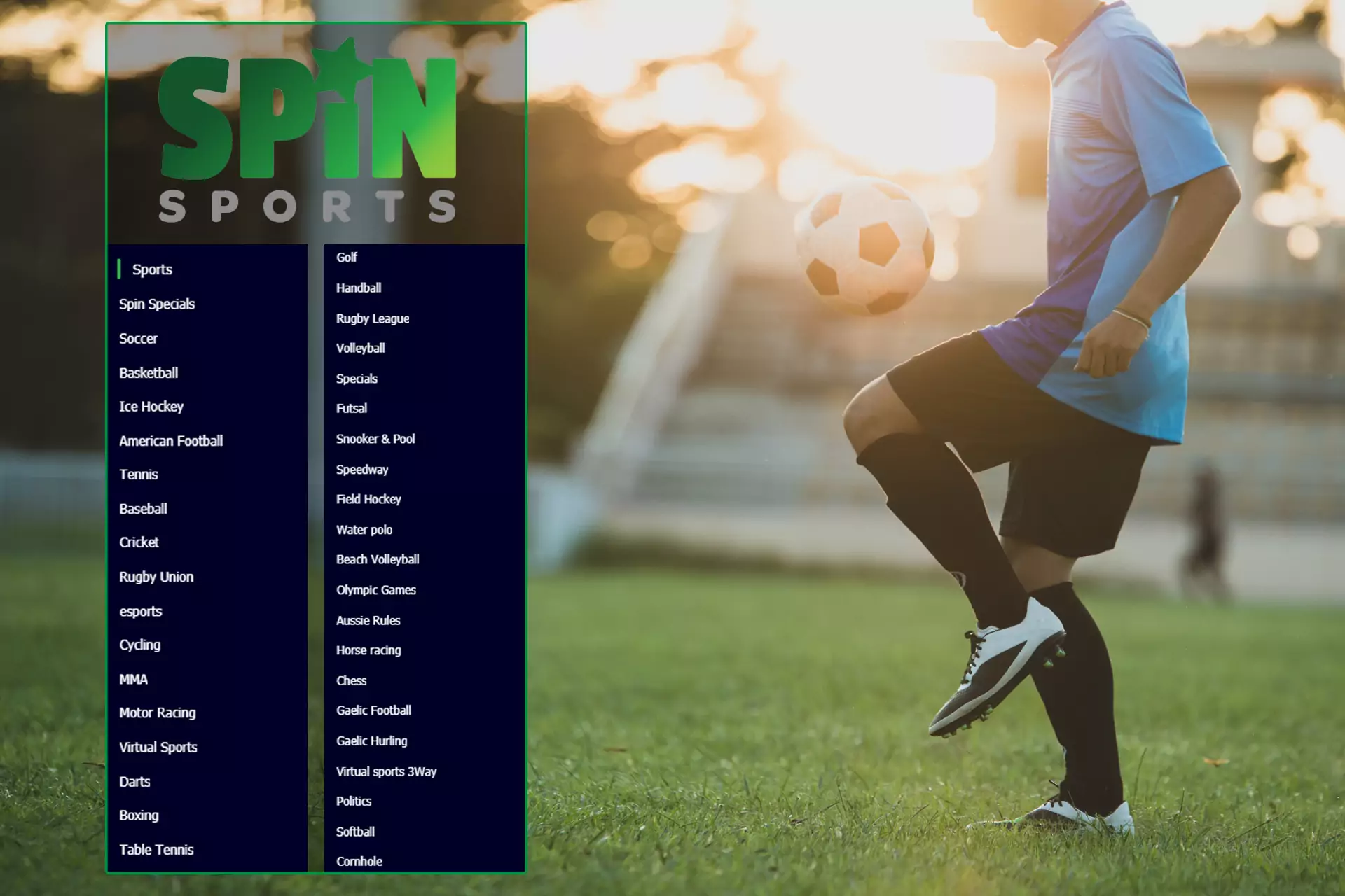 Spin Sports accepts bets for almost every kind of sport.