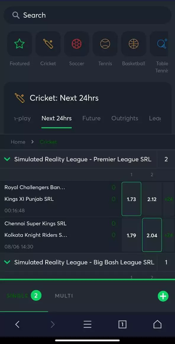 Cricket section in the Sportsbet mobile app.