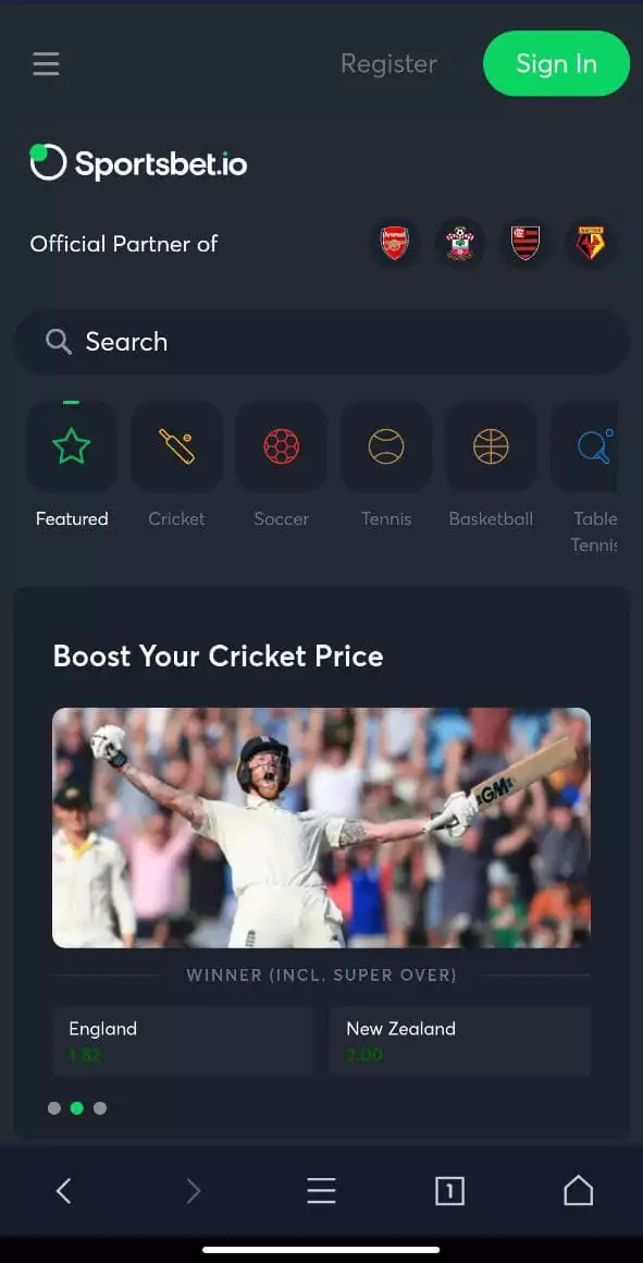 Sportsbet mobile app homepage.