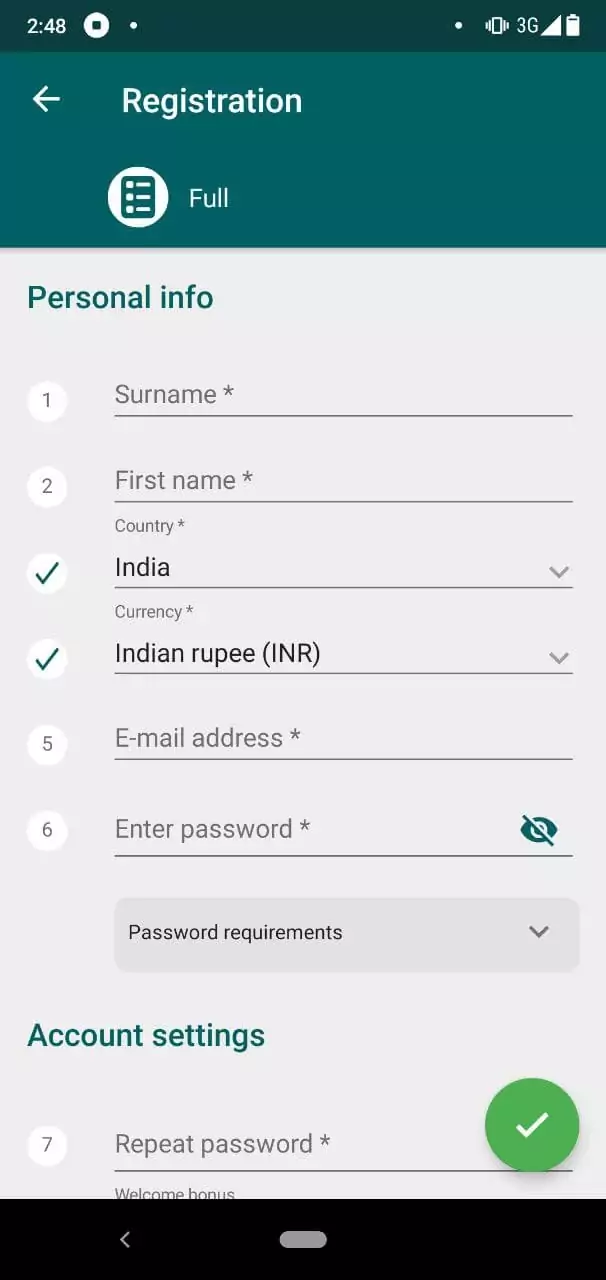 Registration form in 22Bet app.