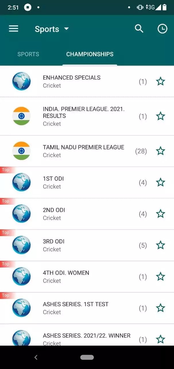 Cricket Betting Section in 22Bet app.