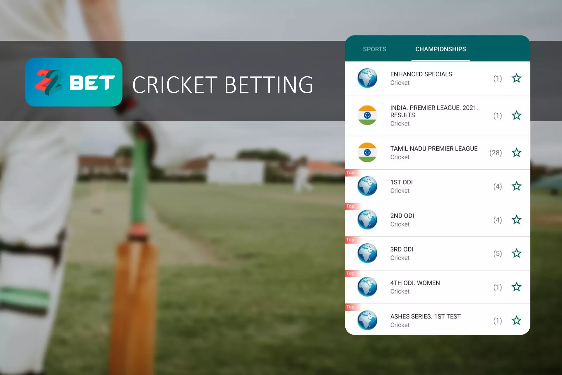 Choose a championship and match in the cricket section of the app.