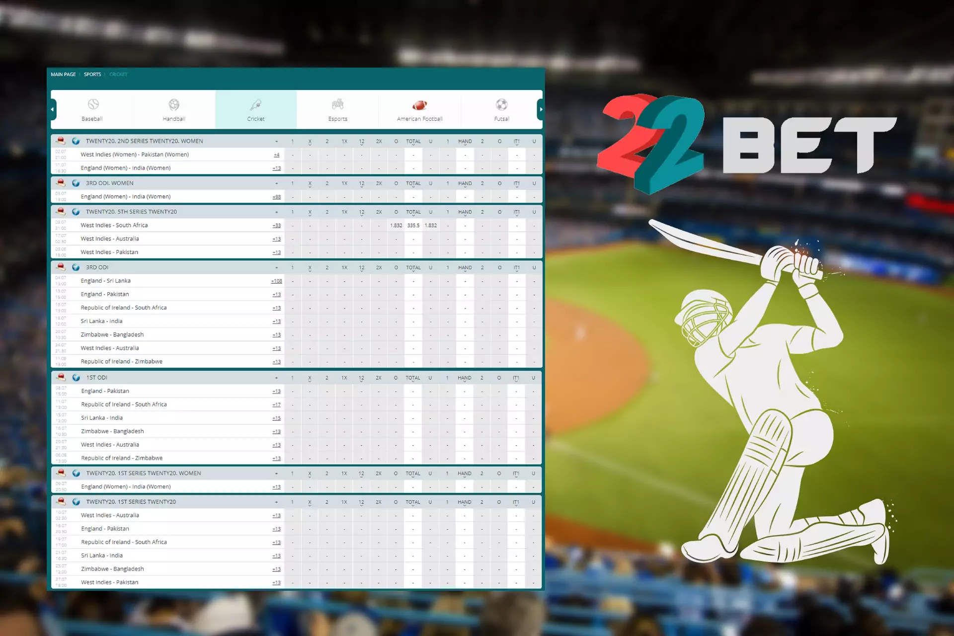 The 22bet focuses on cricket and other popular sorts of sports.