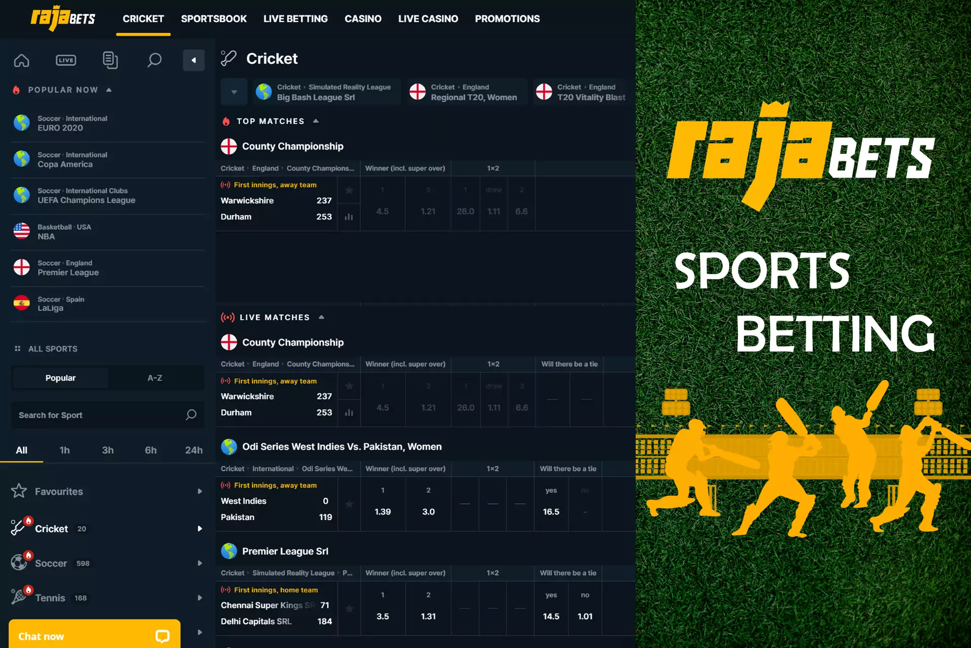 You can bet on cricket and other sports matches.