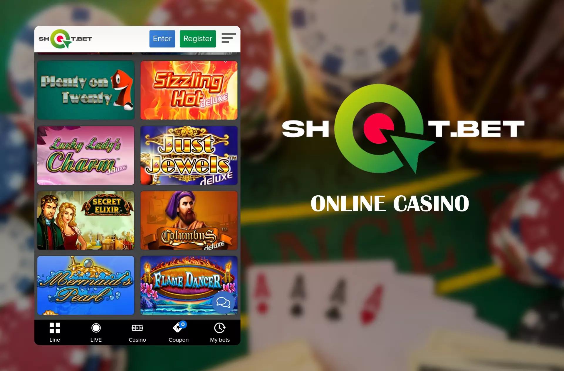 In the casino section, you can find slots and table games.