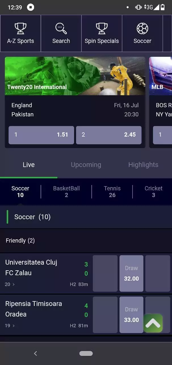 Sport Betting in Spin Sports App.