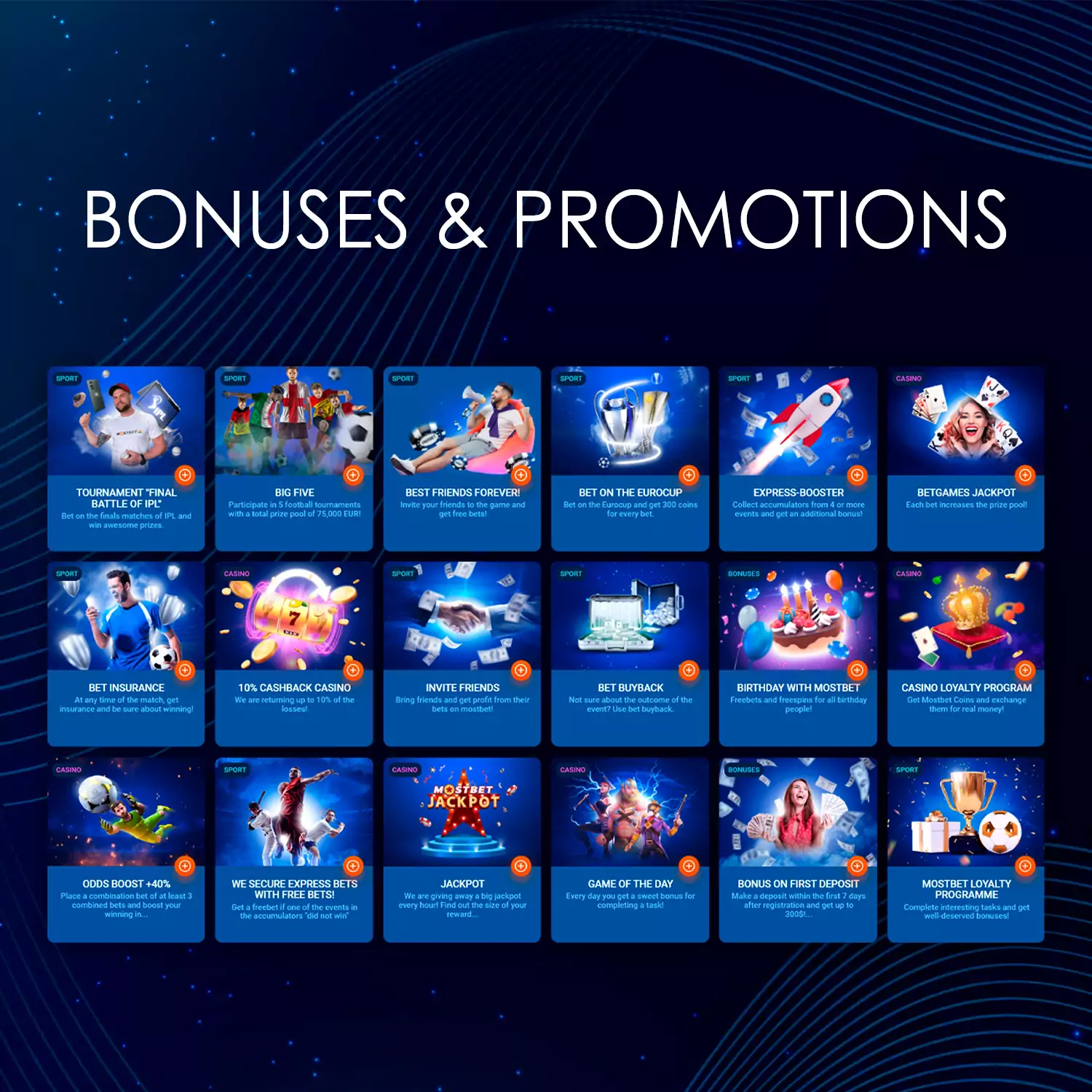 There are lots of bonuses and promos on the Mostbet you can find interesting and useful.