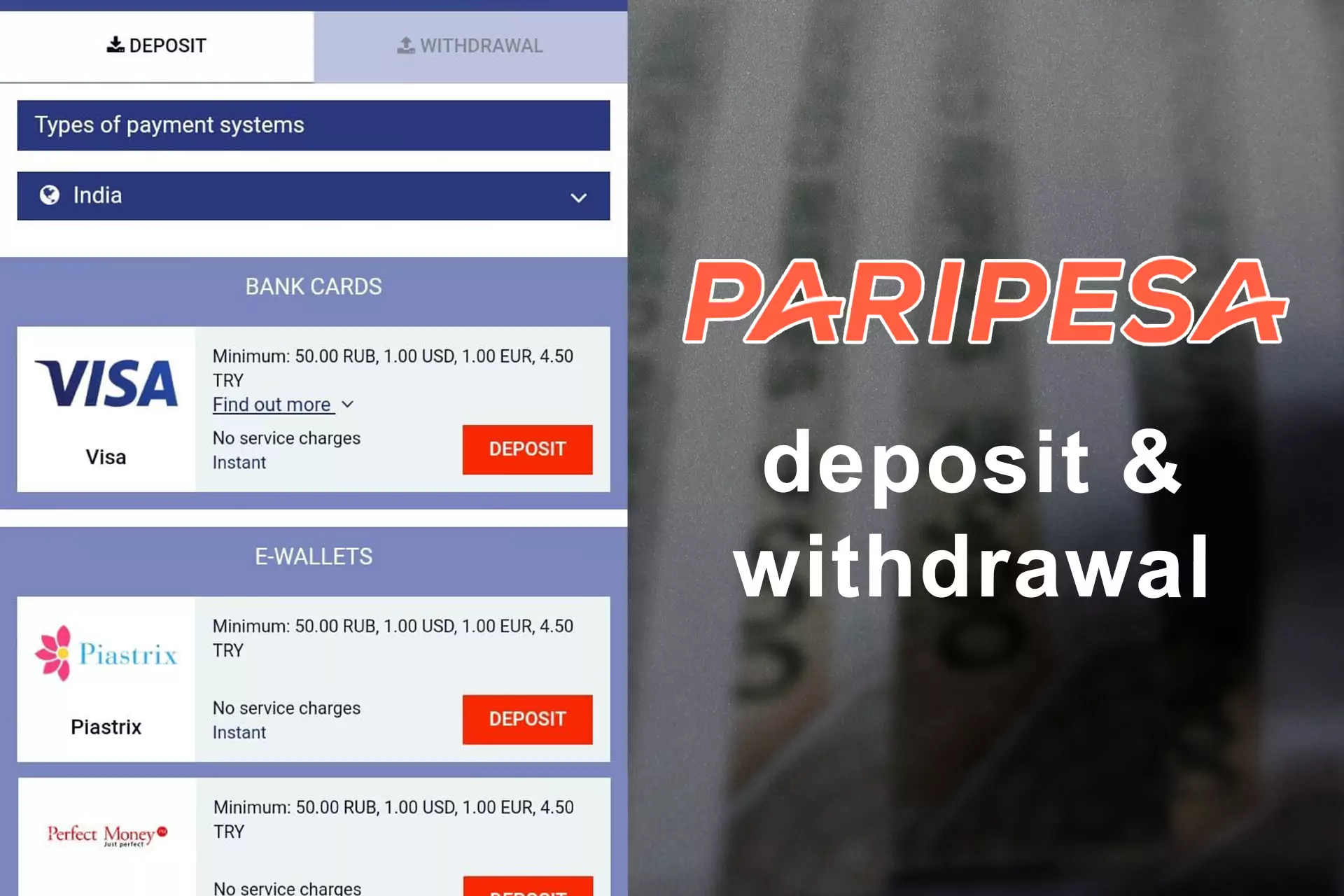 You can deposit and withdraw funds with your payment system.