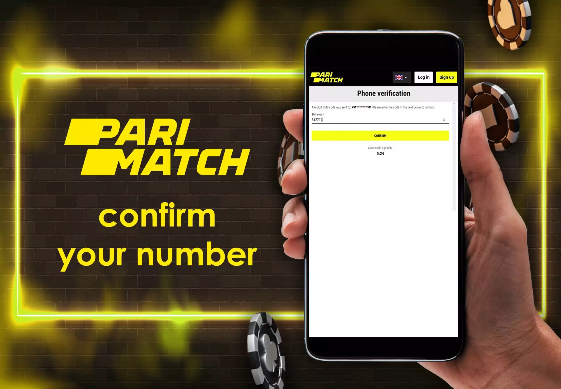 Get the message from the Parimatch and put the code in the next window to complete registration.