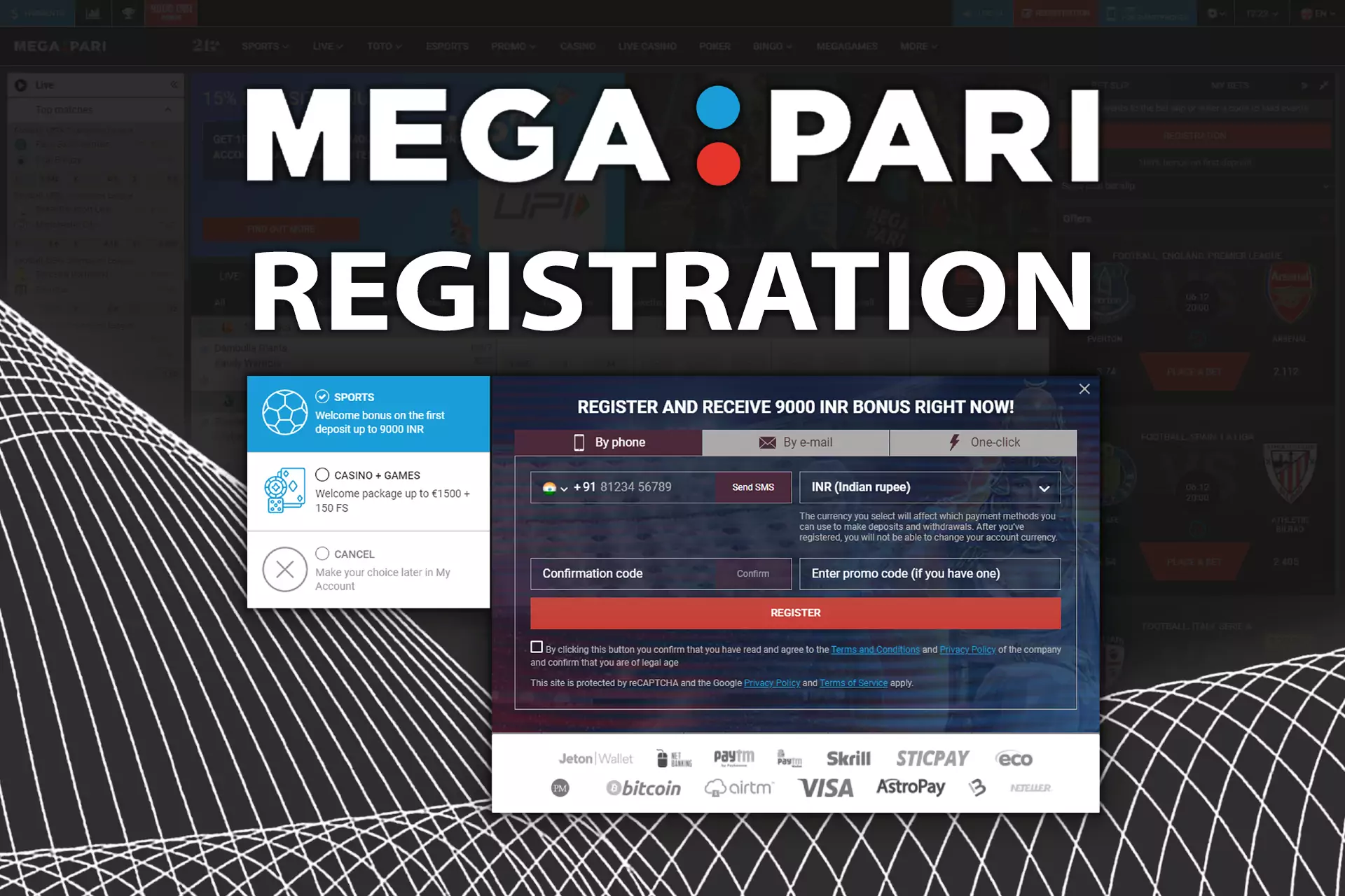 To bet at the MegaPari site, you need to create an account or log in.
