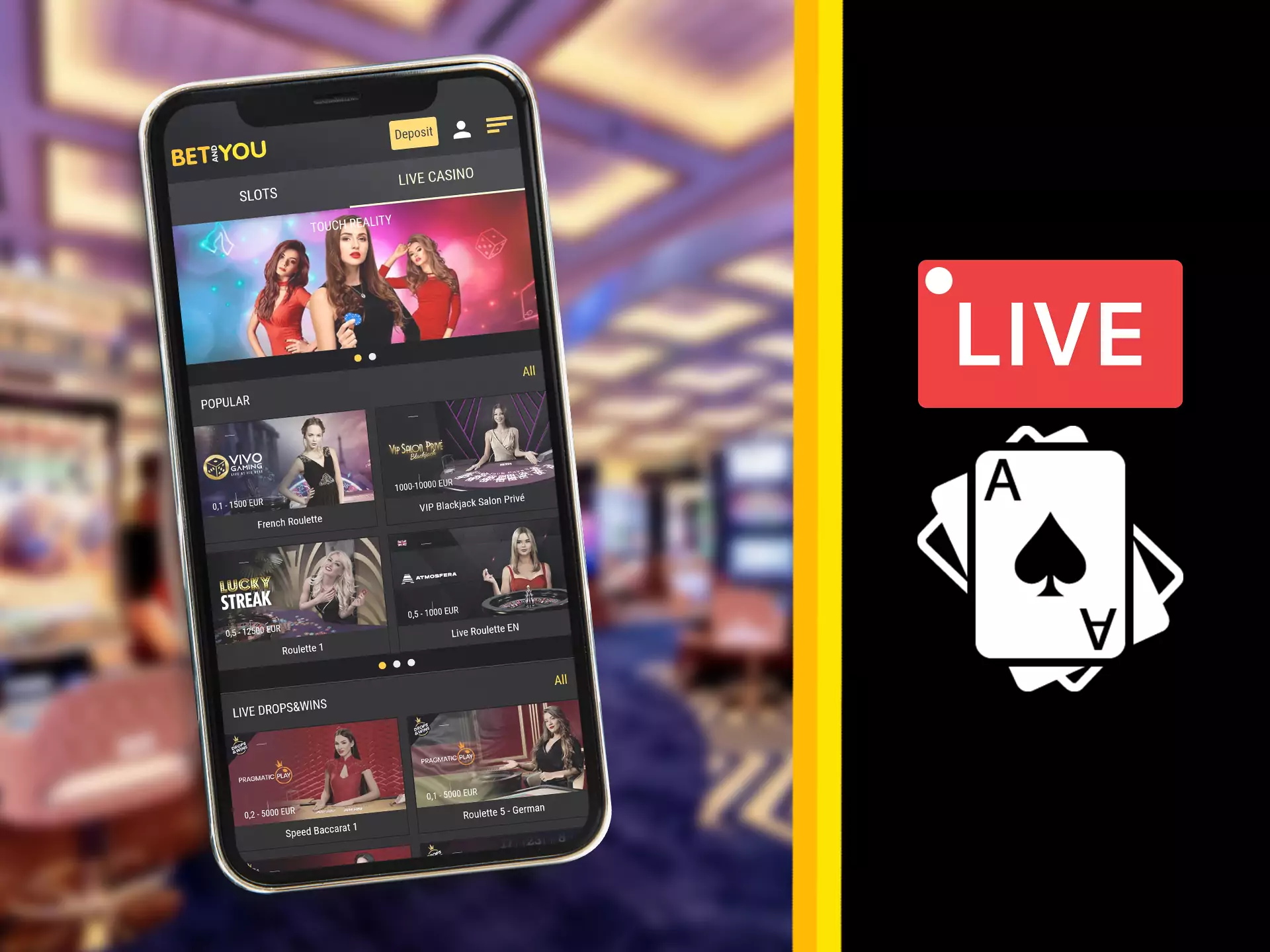 The Betandyou app supports casino games with real dealers.