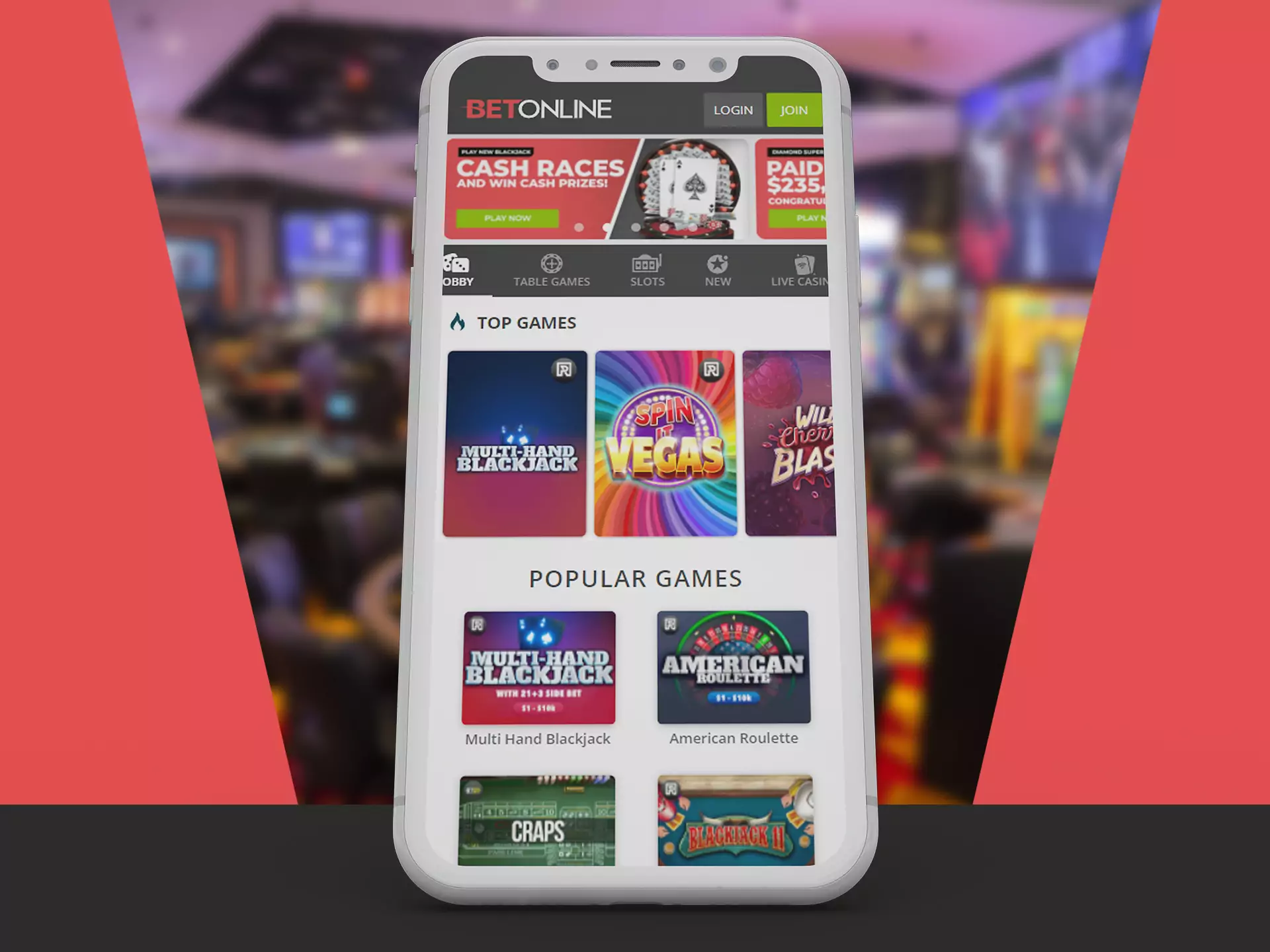 You can play online casino games in the Betonline app.
