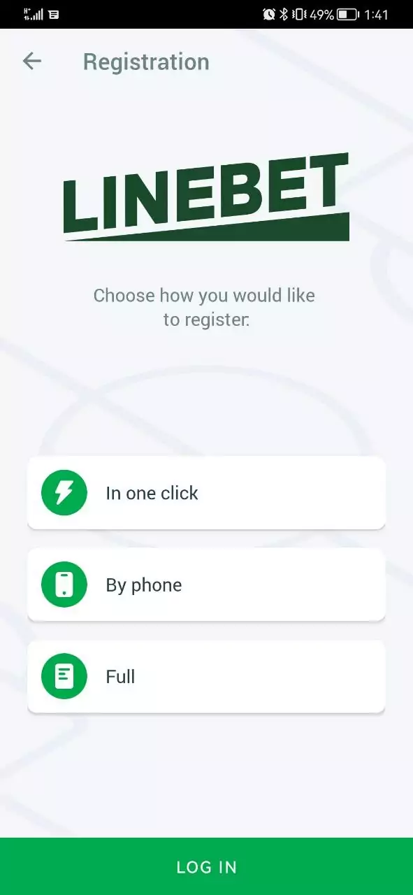 Linebet app registration screen.