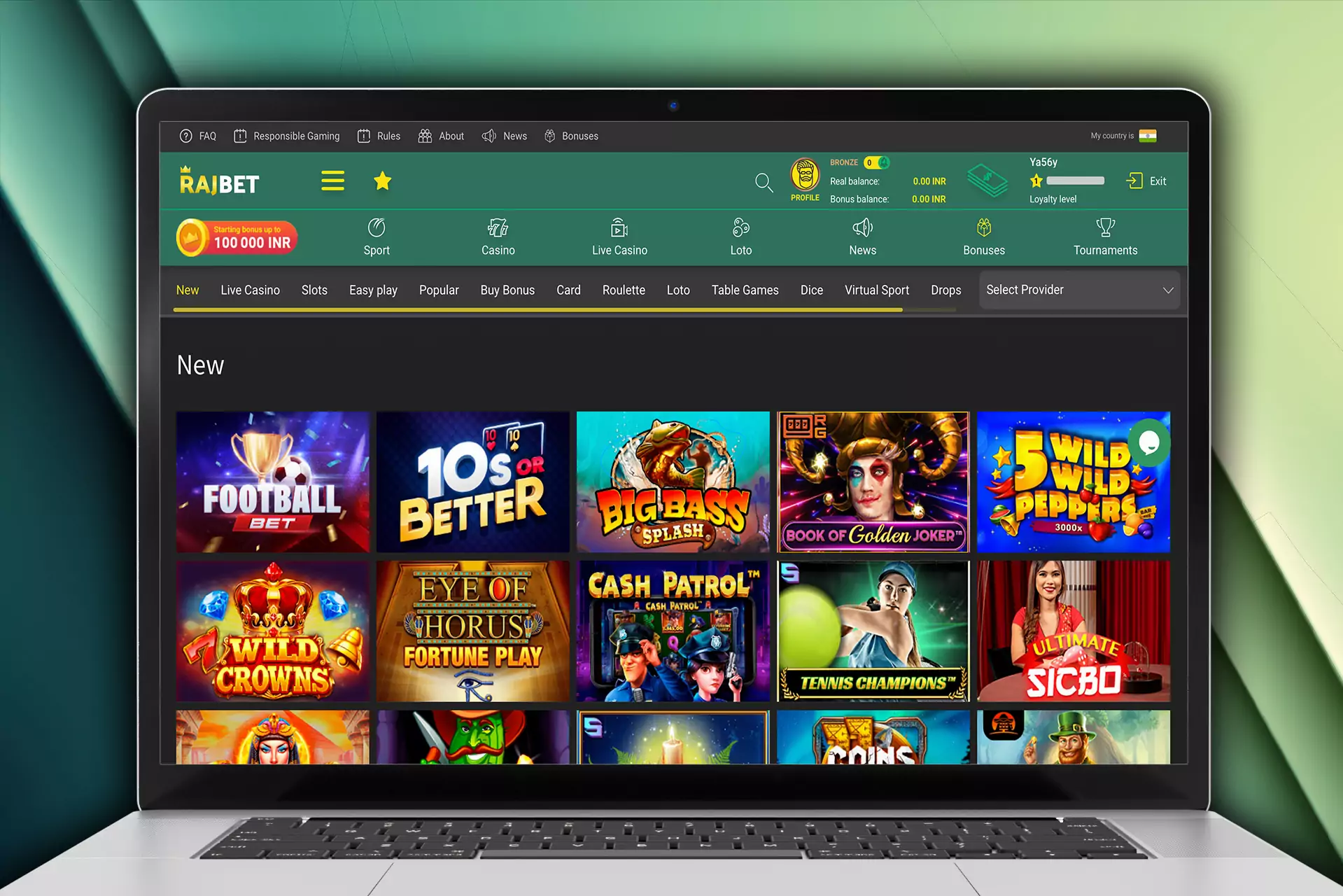 Rajbet supports online casino on the official website.