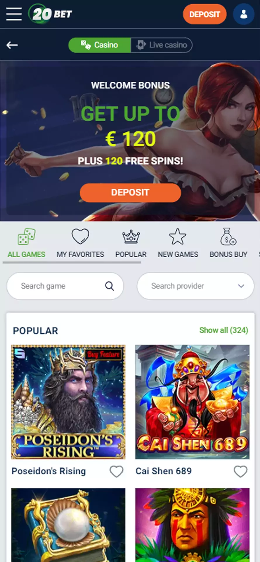 Play casino in 20bet app.