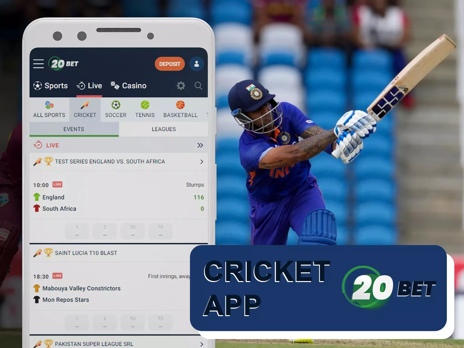 Watch the best cricket teams win in the 20bet app.