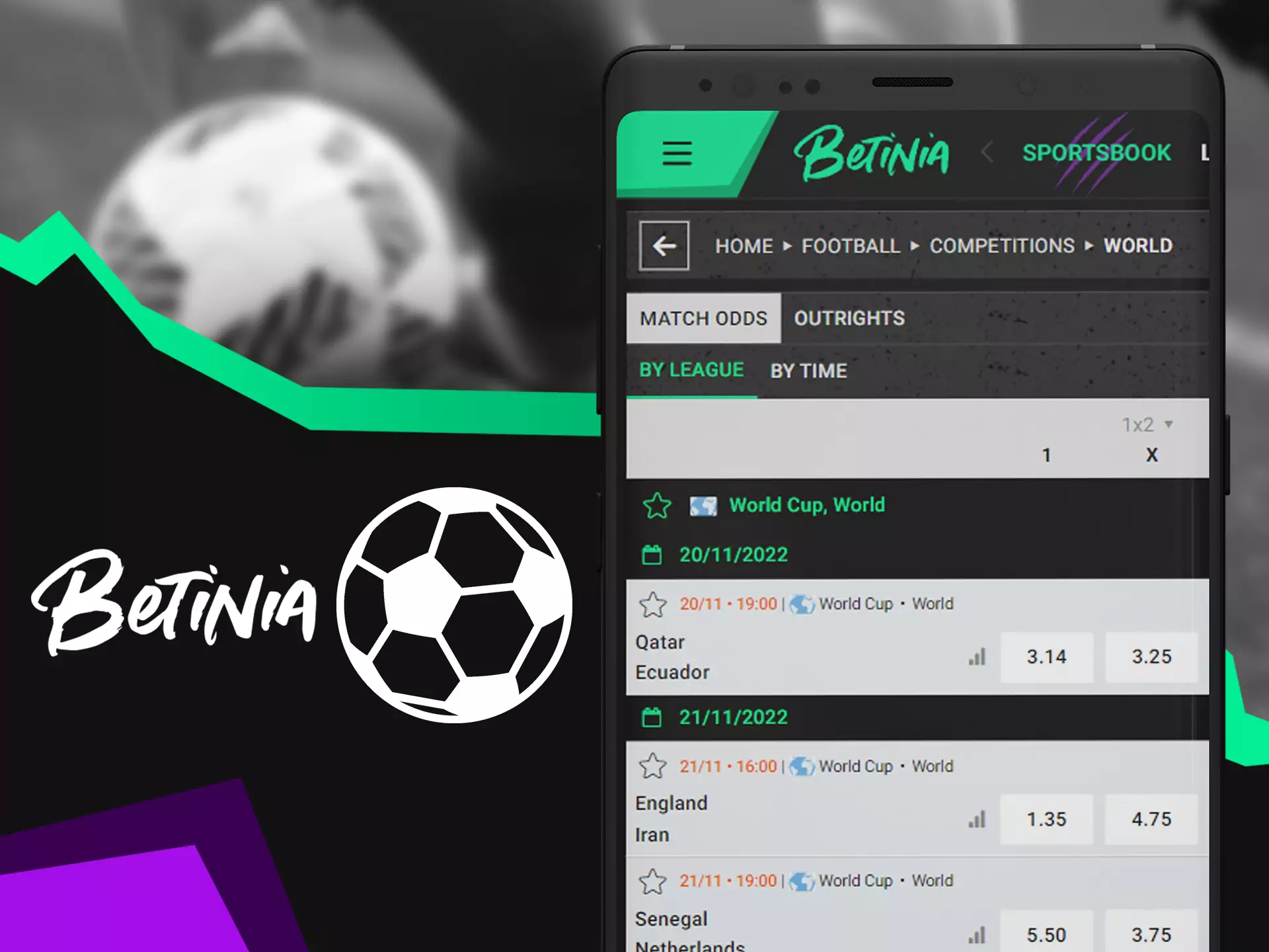 Watch and bet on soccer matches.