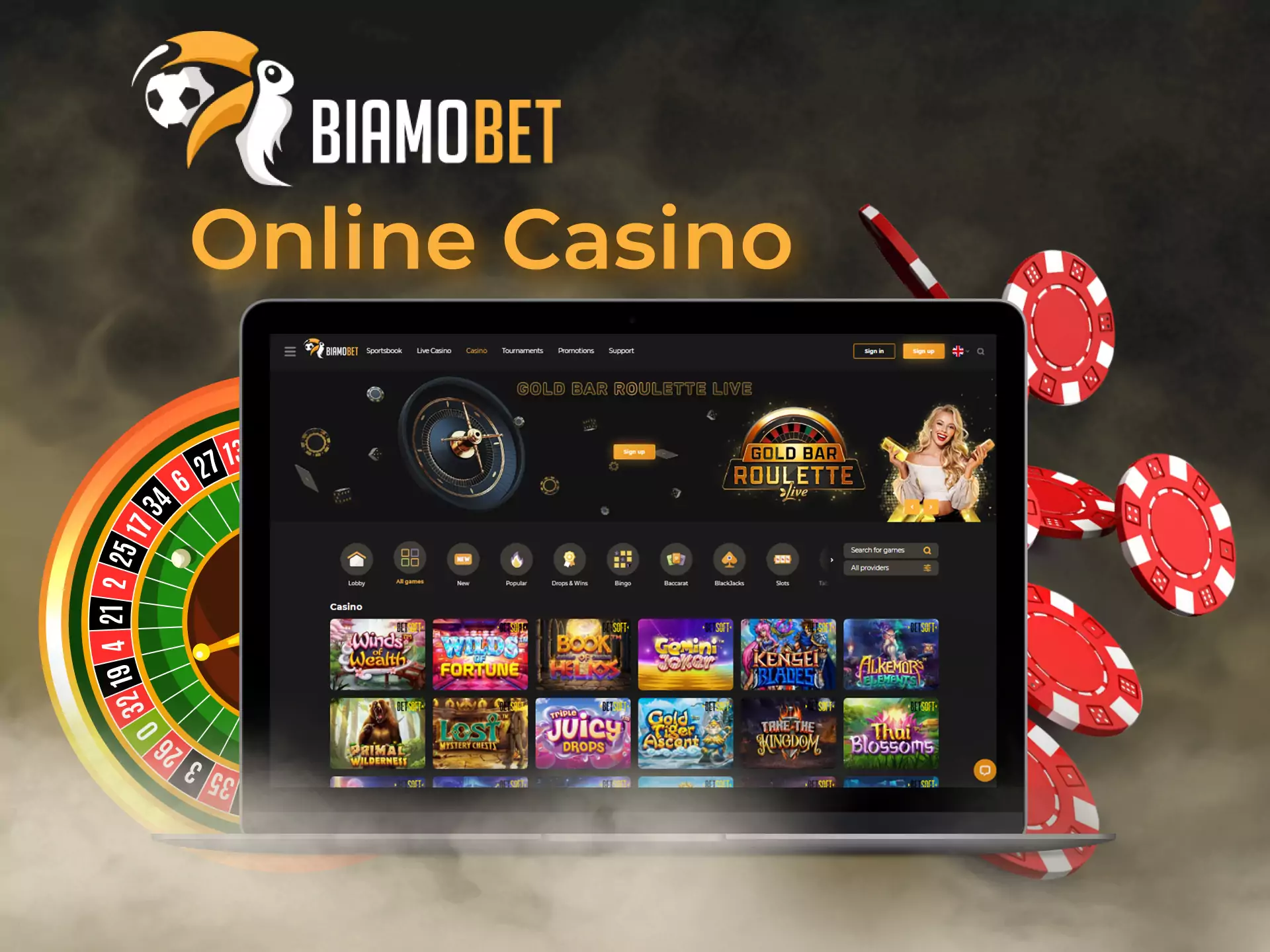 Casino games are available online on the Biamobet website.