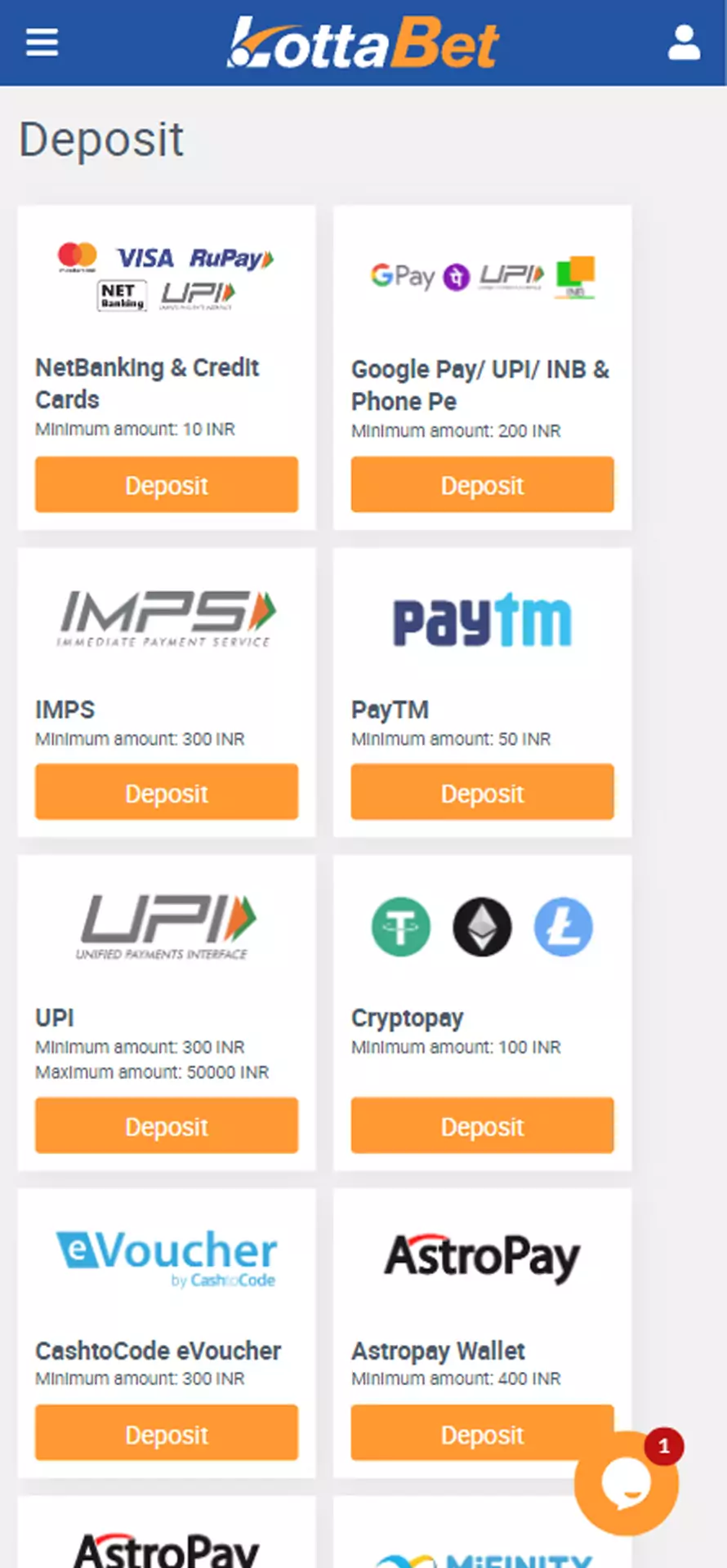 LottaBet app has various deposit methods.
