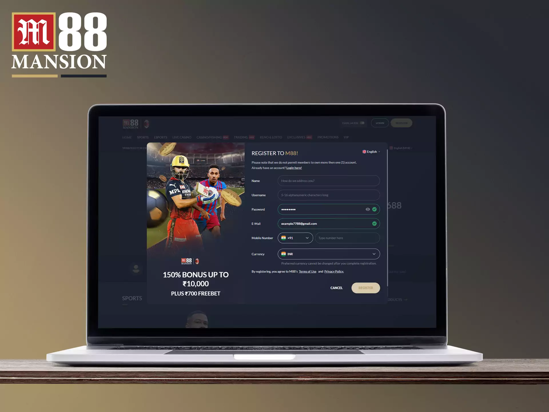 Create an account on the M88 site to start betting.