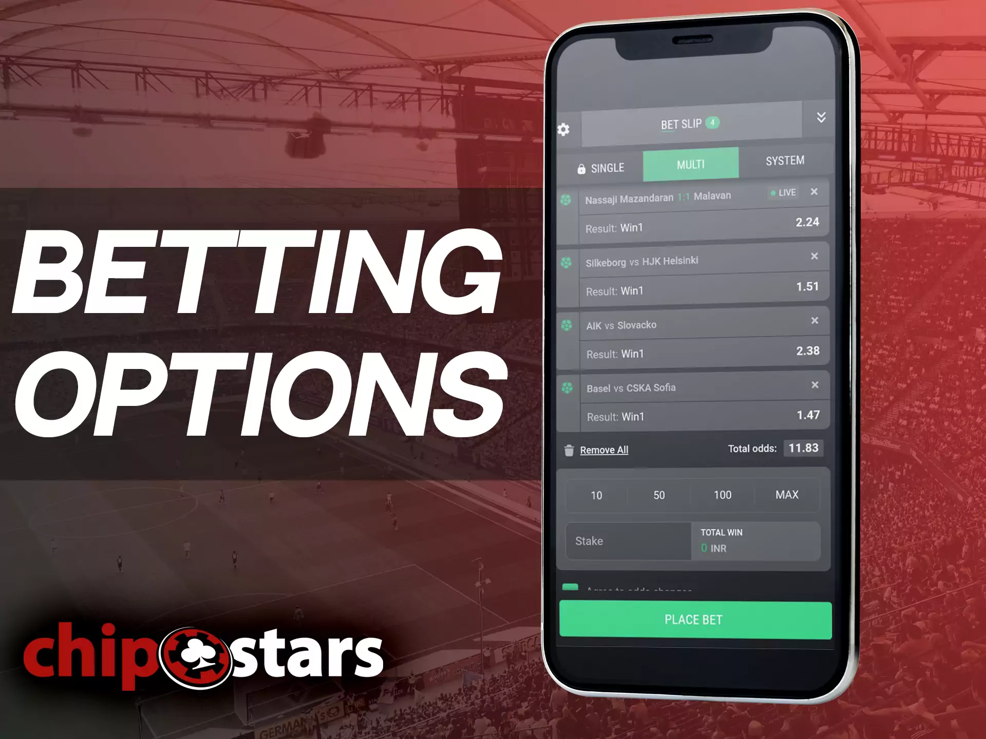You can combine different types of bets in the Chipstars sportsbook.