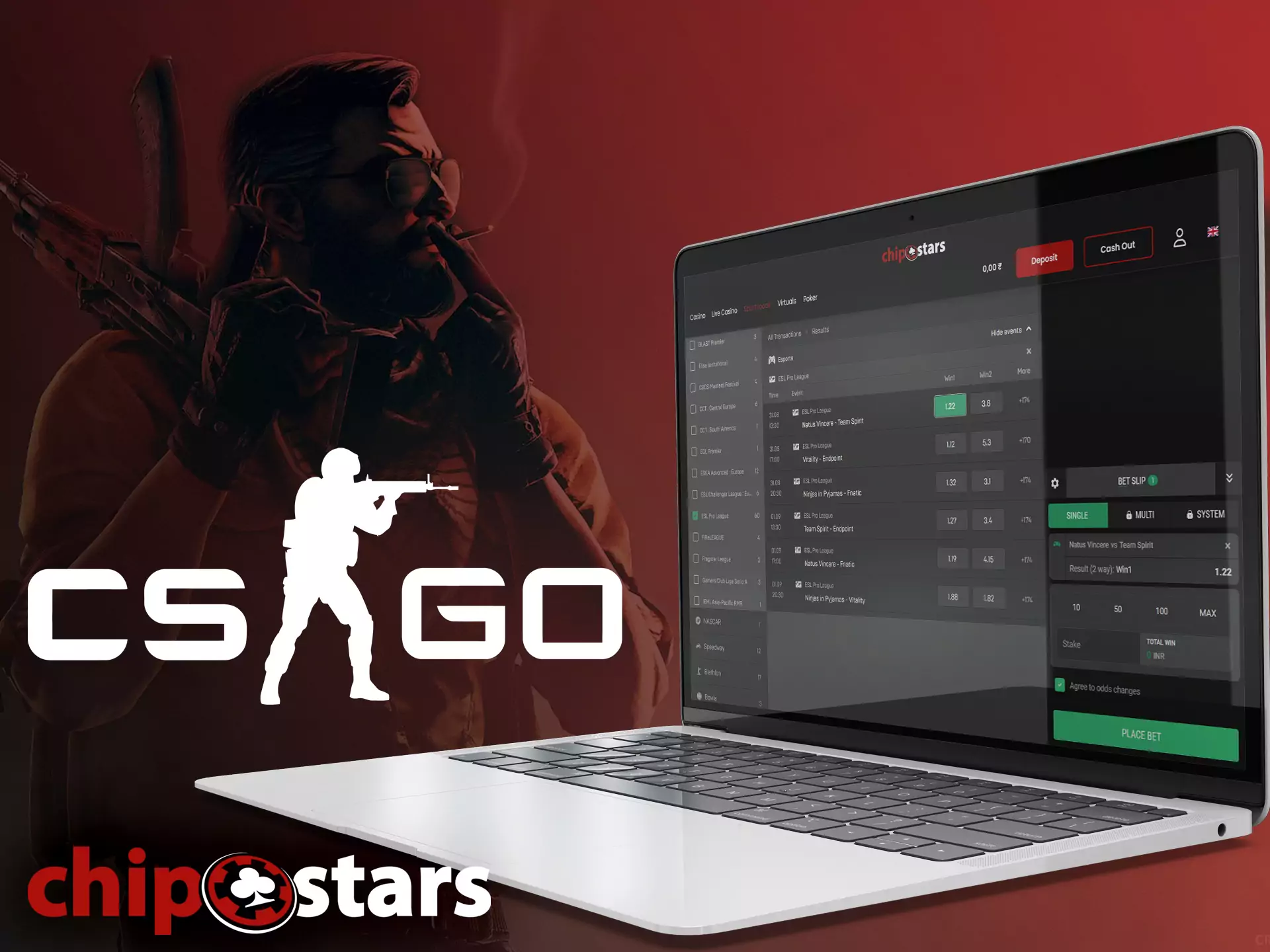 On the Chipstars site, you can place bets on CS:GO matches online.