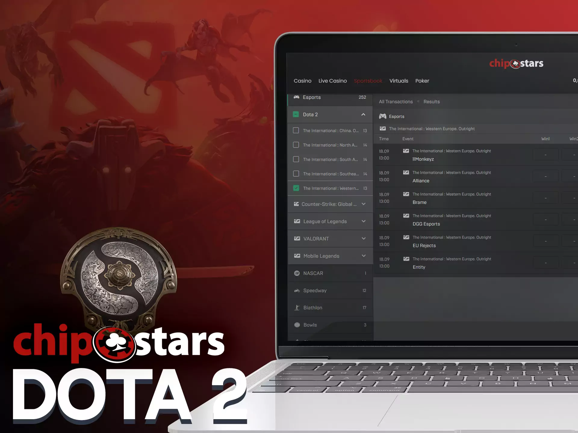 On the Chipstars site, you can place bets on Dota 2 matches online.