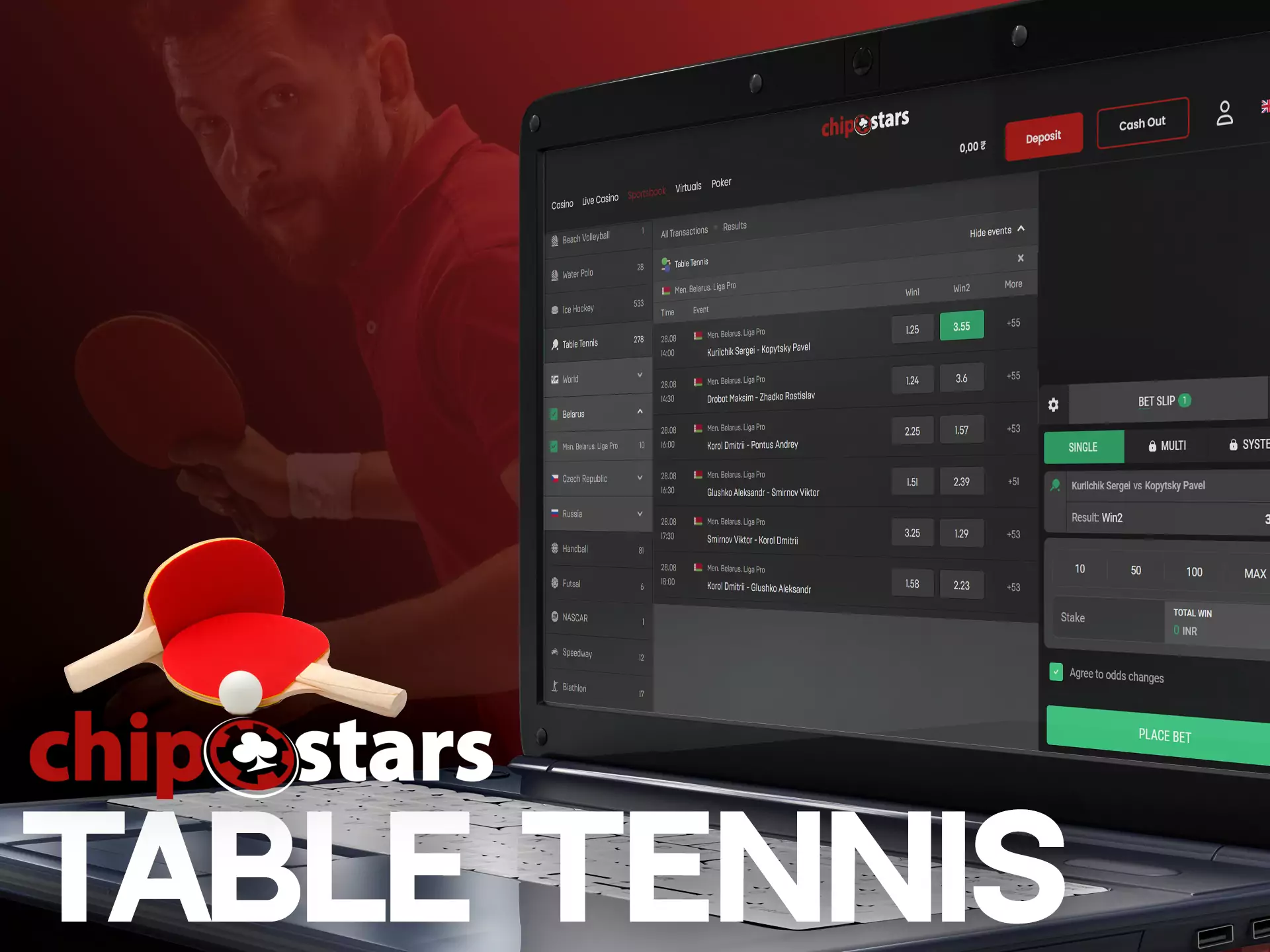 In the line and live sections, you find all the available table tennis matches on Chipstars.