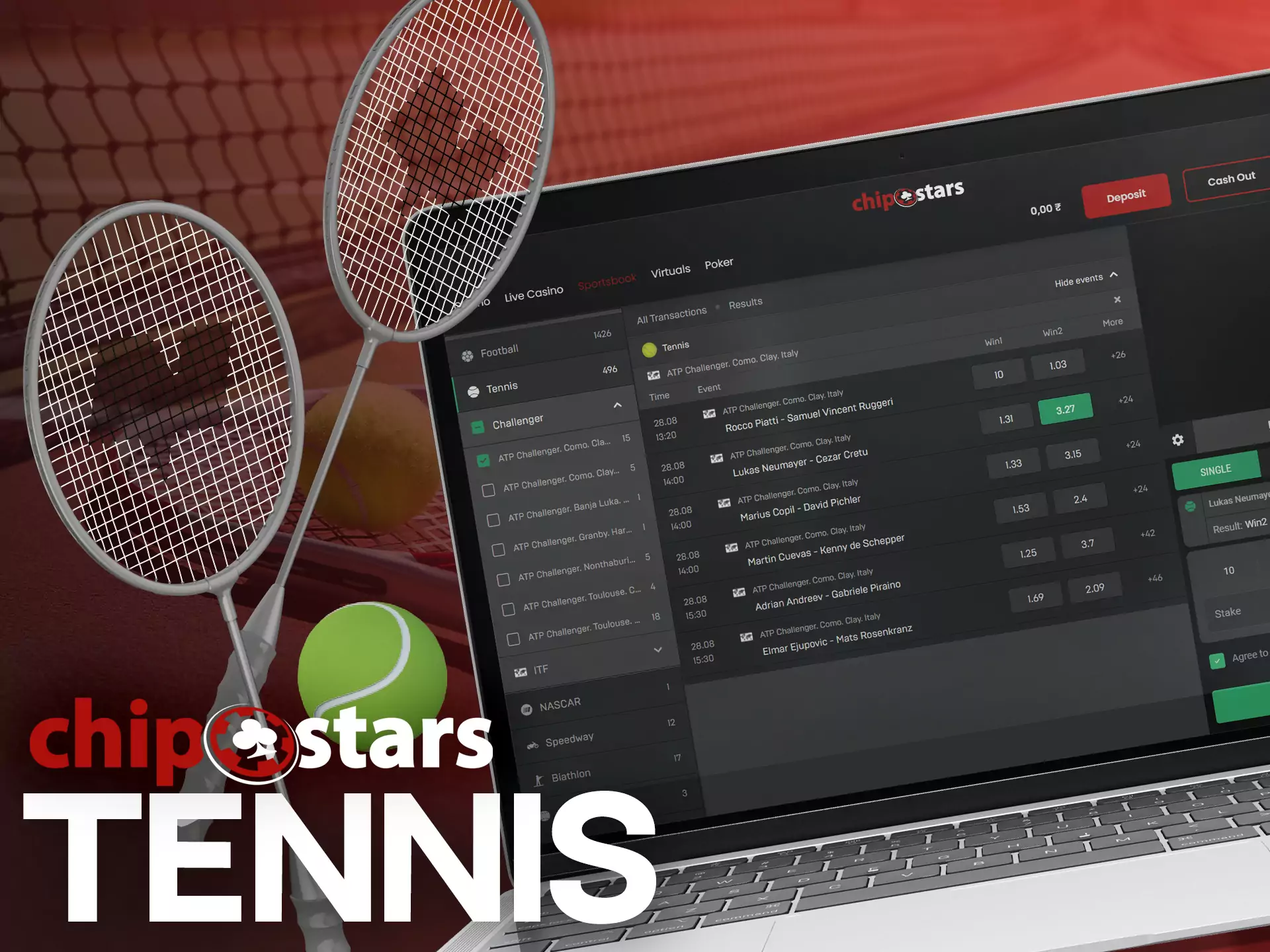 In the line and live sections, you find all the available tennis matches on Chipstars.