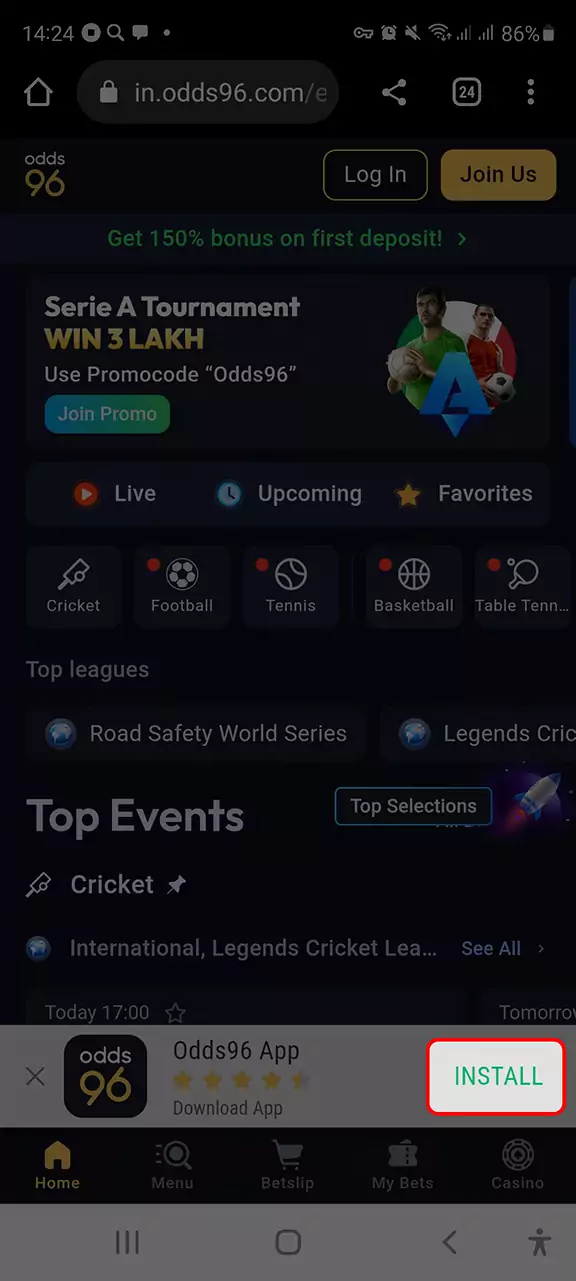 Click on the 'Install' button to download the Odds96 apk file.