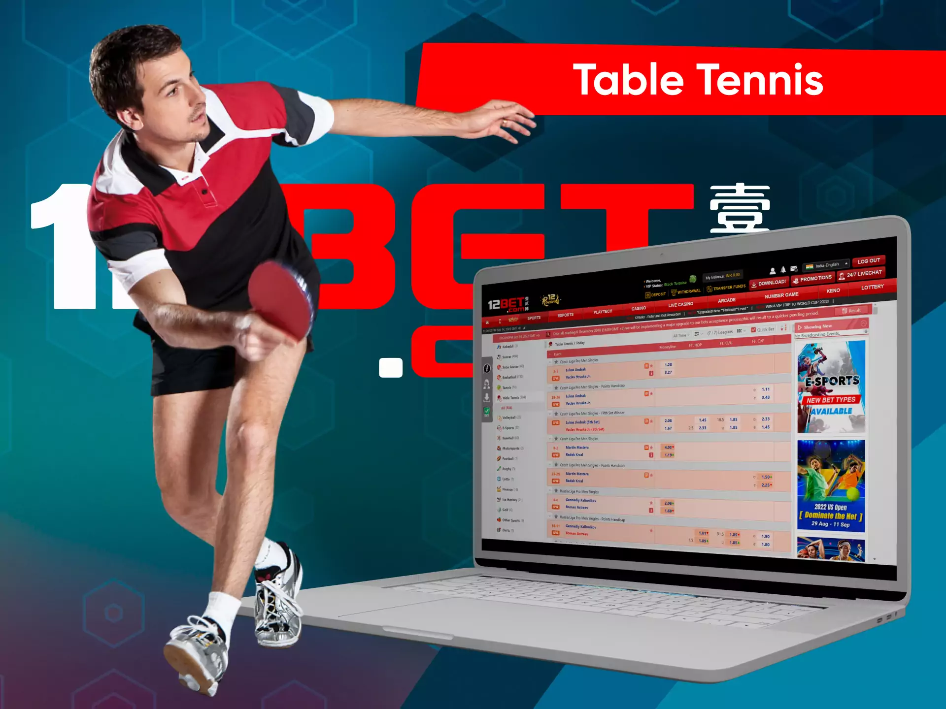 Besides all, there are lots of events for table tennis available for betting on 12bet.