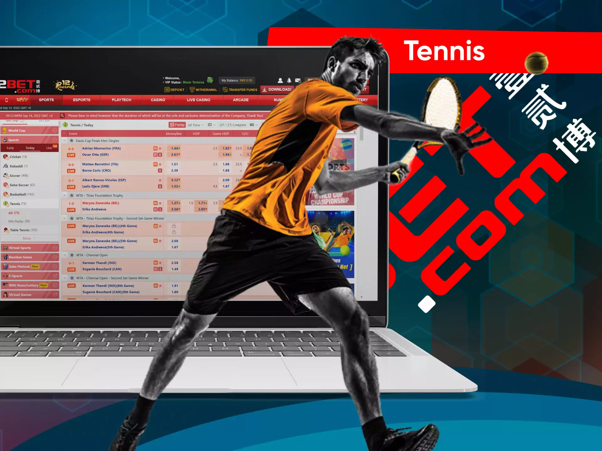 Besides all, there are lots of championships for tennis available for betting on 12bet.