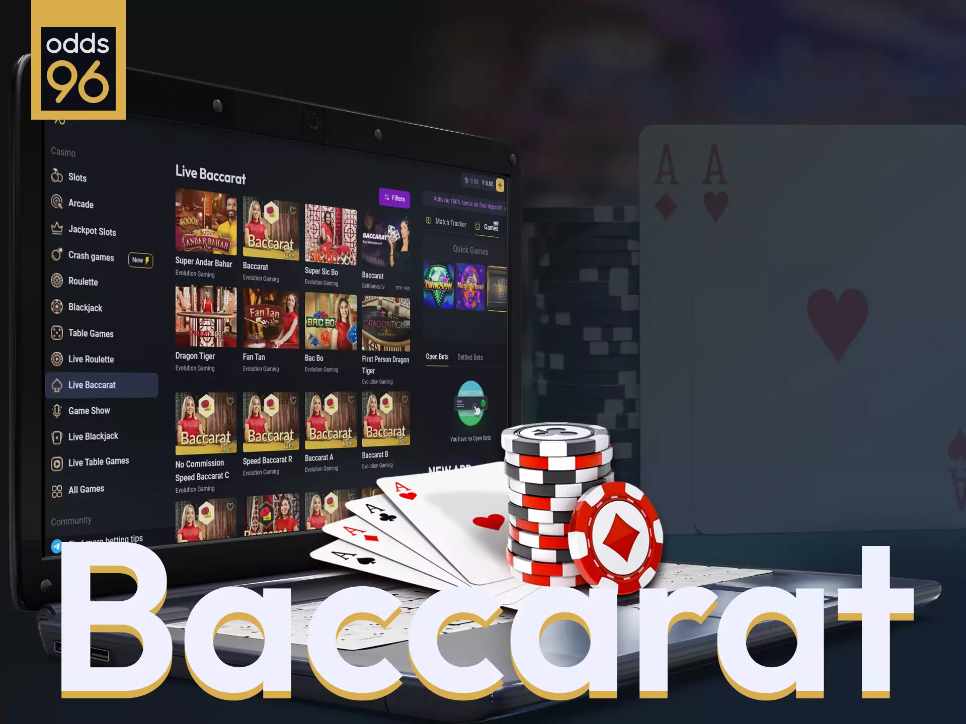 Place bets at Odds96 casino on baccarat.