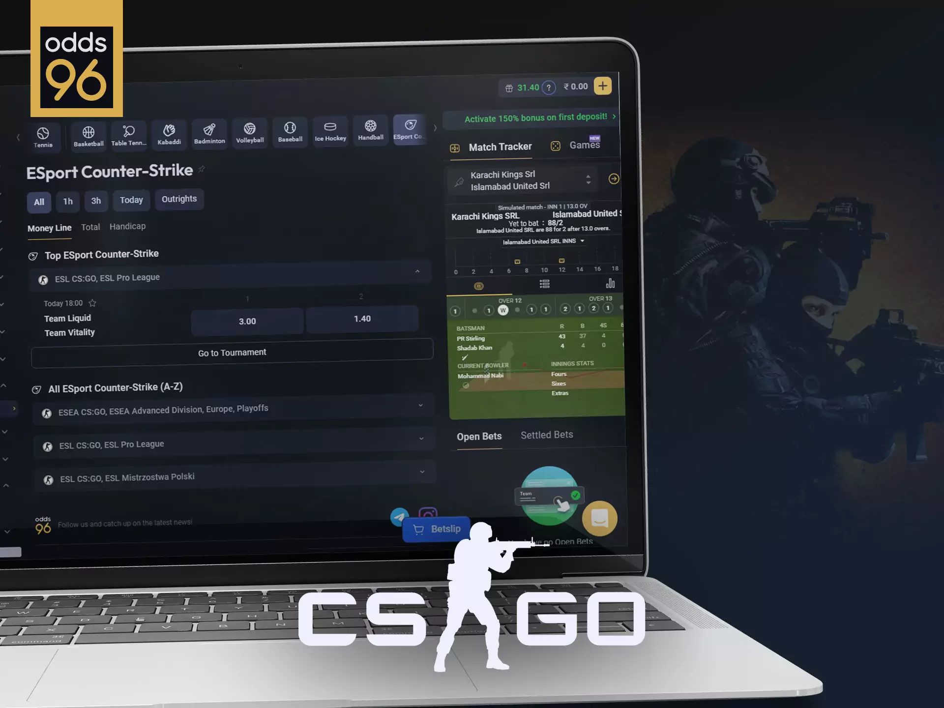Place bets in Odds96 on CS:GO.
