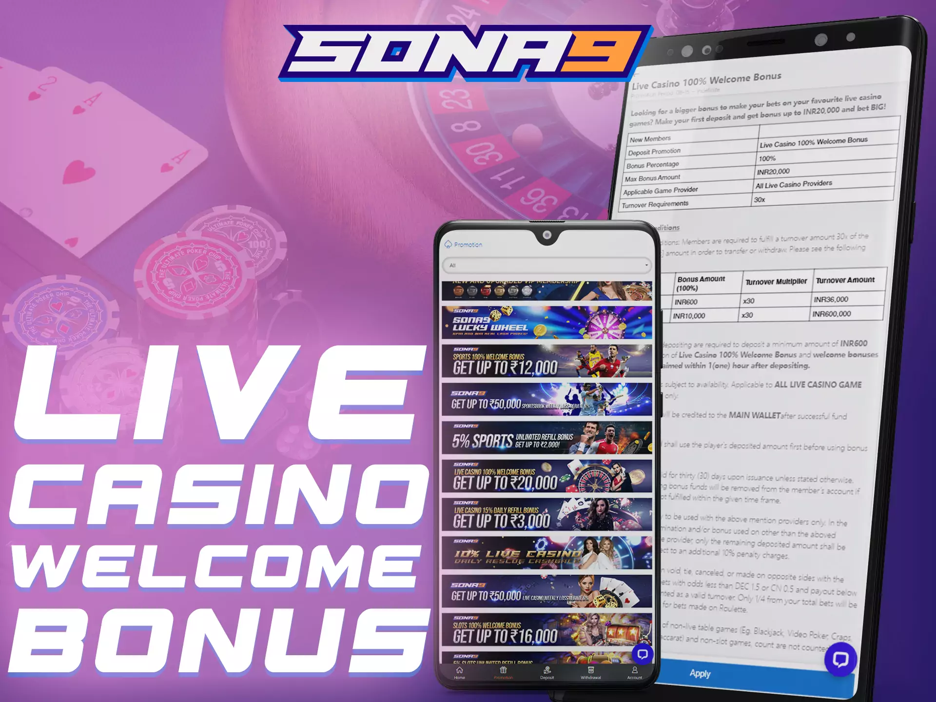 Use the live casino bonus offer from Sona9 on games.
