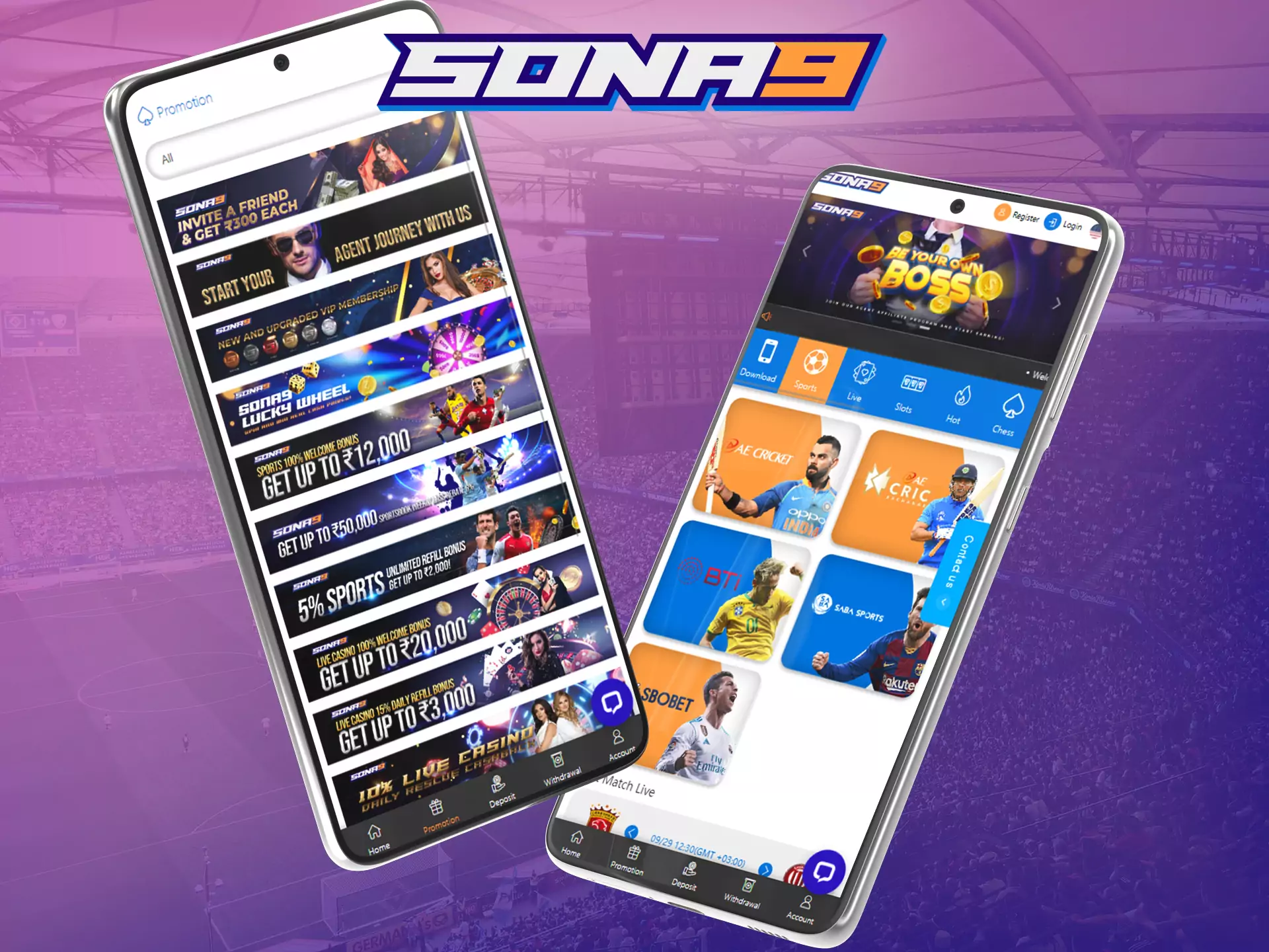 If you don't want to install the Sona9 app on your device, you can bet using a mobile website.