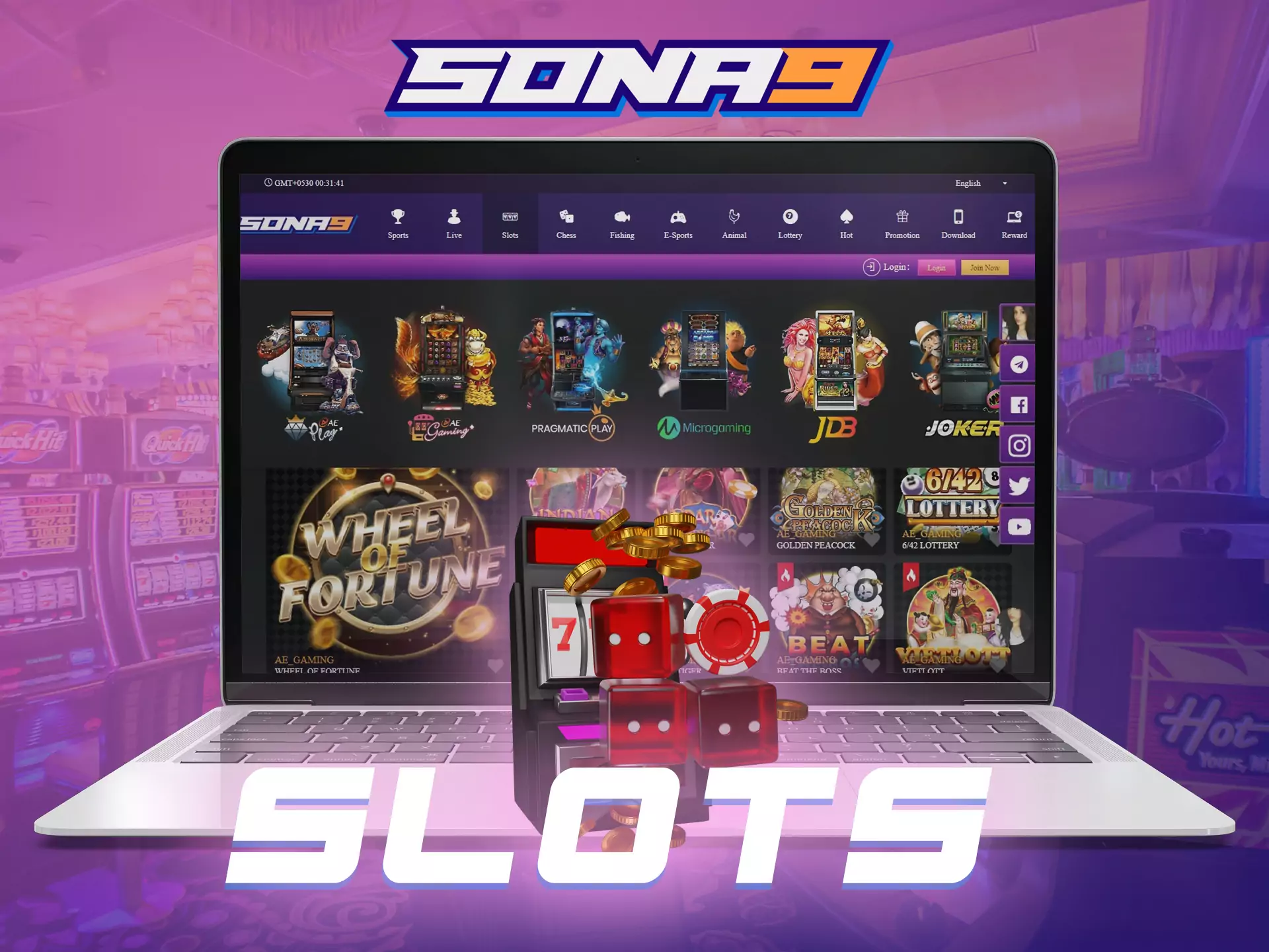To win a jackpot, play slot machines in the Sona9 online casino.